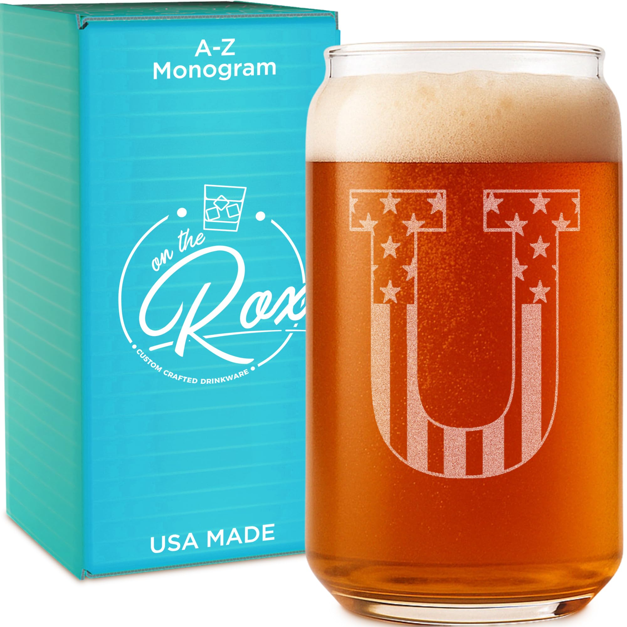 On The Rox Monogram Beer Glasses for Men (A-Z) 16 oz - Personalized Engraved Beer Gifts for Him - Groomsmen Gifts Brother in Law Dad Son Coworker - Unique USA Made Dishwasher Safe Pint Glass (U)