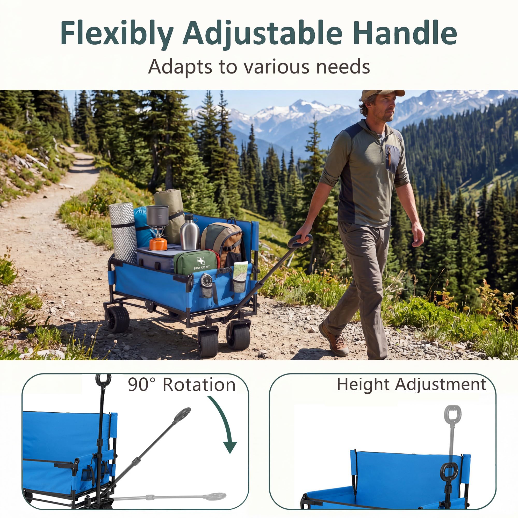 SOARS 2 in 1 Carrello Spiaggia con Seduta, Carretto Pieghevole con Ruote Grandi e Cuscini Morbidi, Carrello da Campeggio, Giardino e Pesca, in Acciao Resistente, Chiusura Rapida, 80 KG, 85L (Blu)