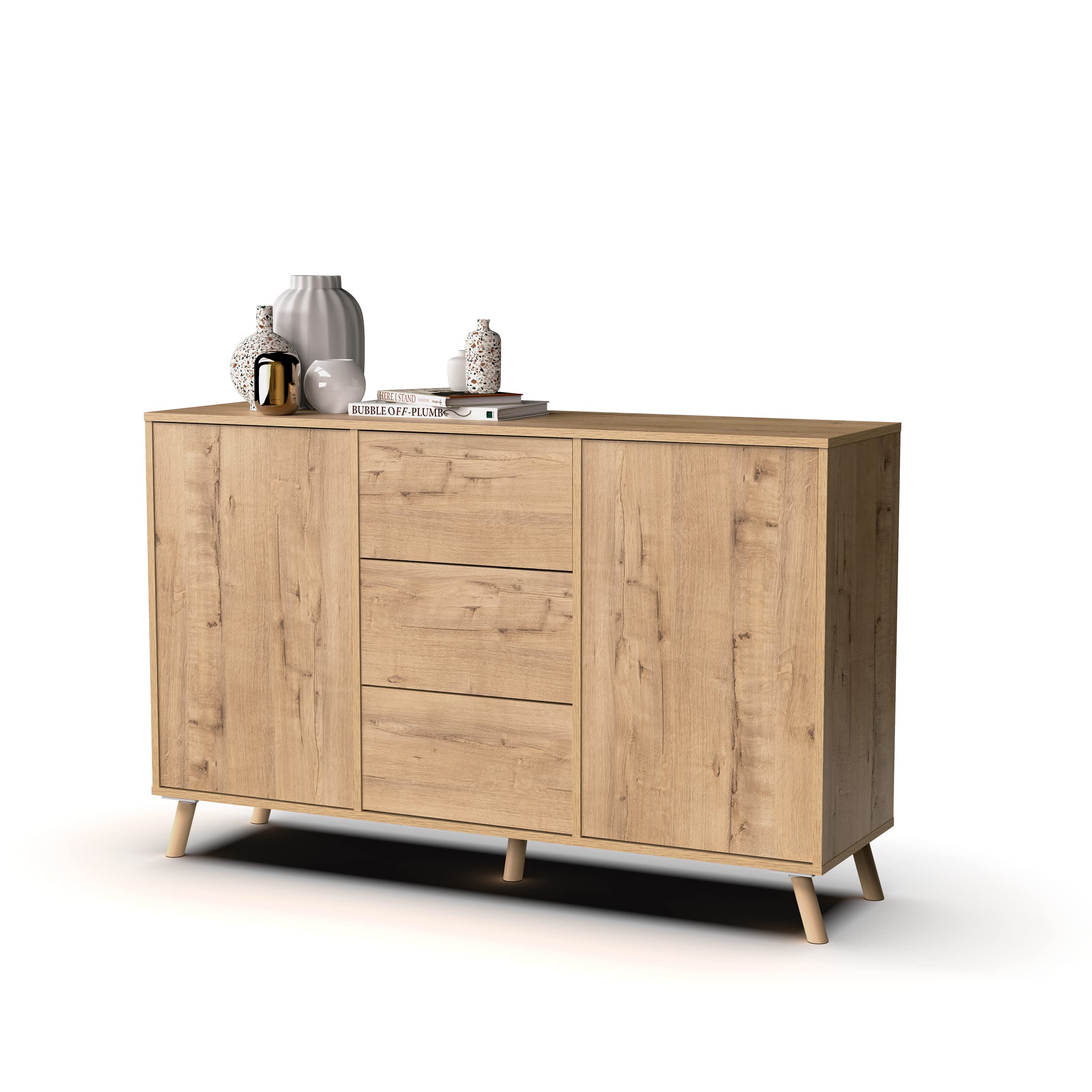 MUEBLES PITARCH | Aparador Salón Comedor, Buffet, Mueble Auxiliar, 2 Puertas y 3 Cajones, Roble Gold, 89x140x40cm, Despensa, Cocina, Despacho, Tirador Push o Pulsador, Moderno, Nórdico, Modelo Oslo