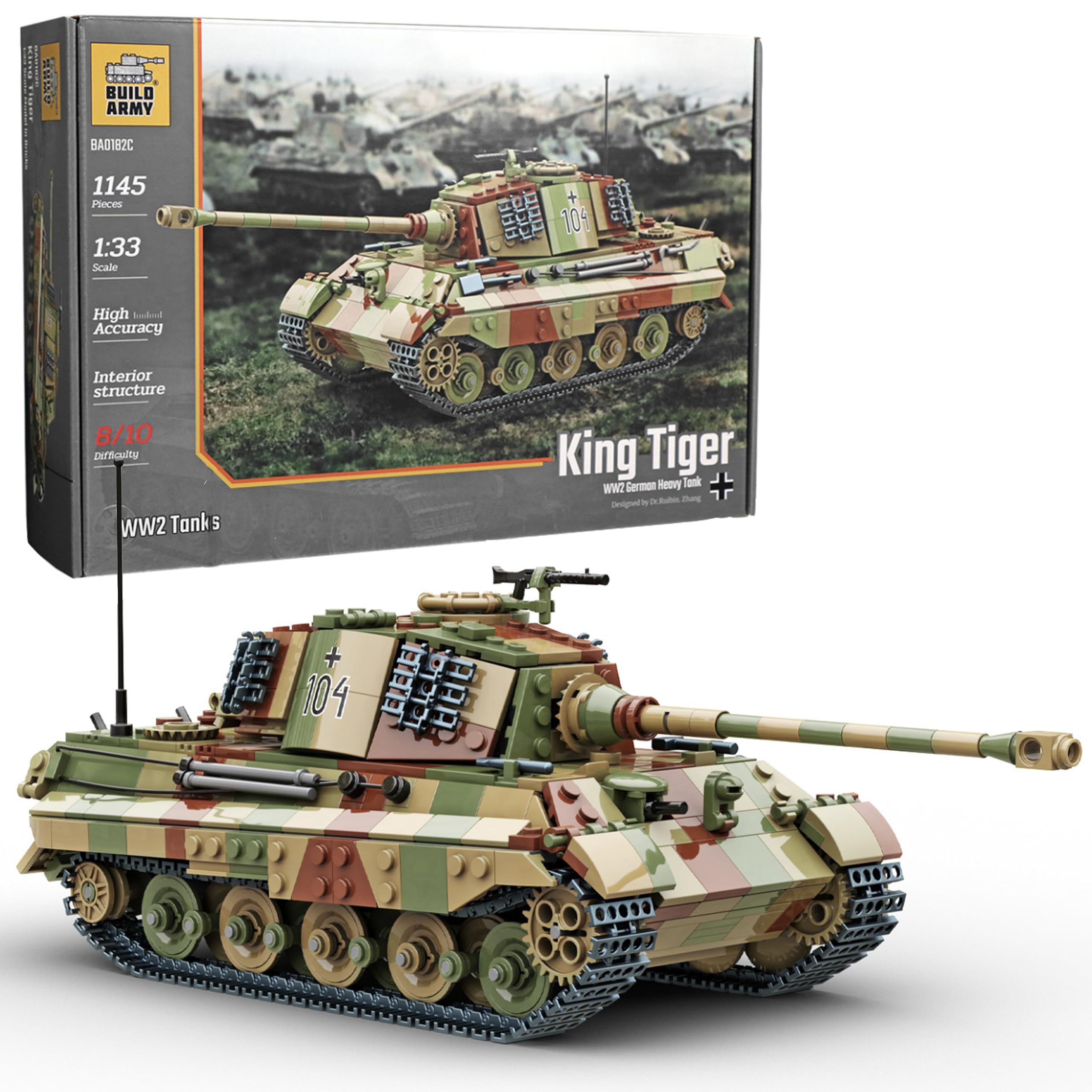 Buildarmy King Tiger II (Tiger II) WW2 Niemiecki Model Czołgu Wojskowego, Zestaw Klocków do Budowy w Kamuflażu, Kolekcjonerskie Klocki do Budowy Armii dla Dorosłych, 1145 sztuk Model do Prezentu i