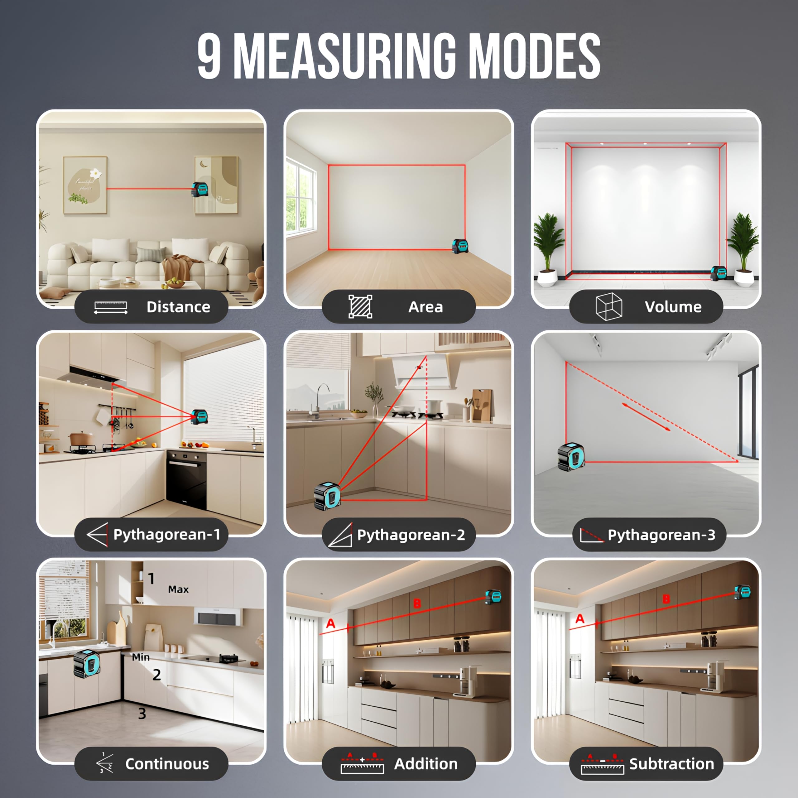 3 in 1 Laser Tape Measure,196ft Laser Range & 16ft Tape with Cross Line — Amazon image 3
