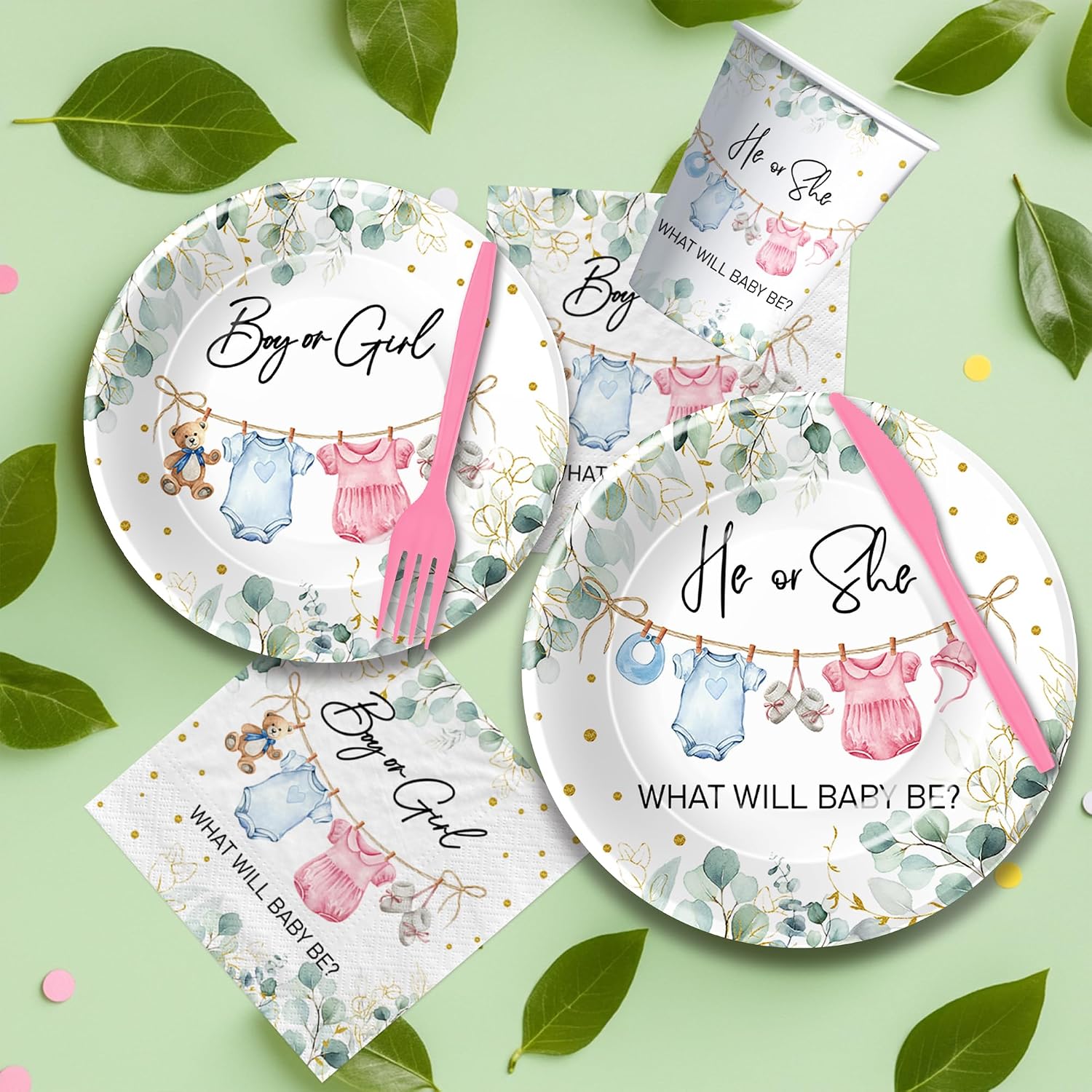APOWBLS Gender Reveal Decorations, Greenery Baby Clothes Theme, Serves 24 | Boy or Girl Gender Reveal Baby Shower Party Supplies, He or She Paper Plates and Napkins Set, Cups, Disposable Cutlery