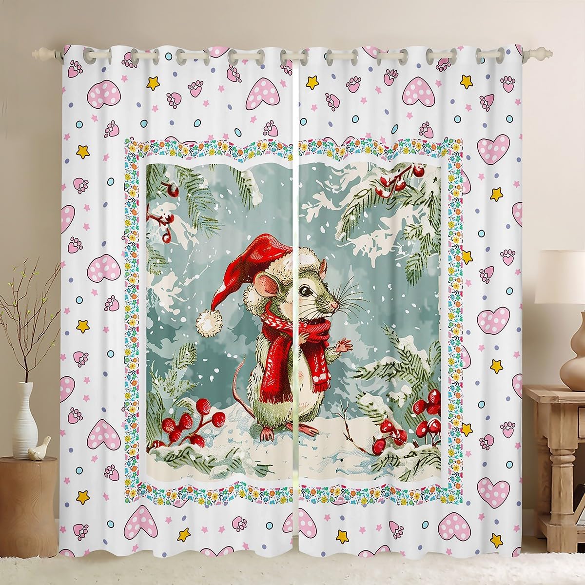 Feelyou Christmas Window Drapes Treatments Xmas Tree Snowflake Curtains for Kids Boys Girls Cartoon Mouse Love Print Window Drapes Cute Animal Window Treatments, 42W X 90L,2 Panels