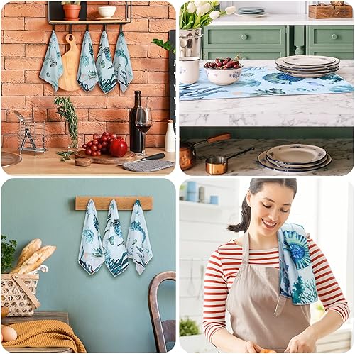 Miniatura 7 de Juego de 6 toallas de cocina de playa, juego de toallas de cocina con diseño de tortuga, toallas de mano con temática de animales oceánicos, toallas
