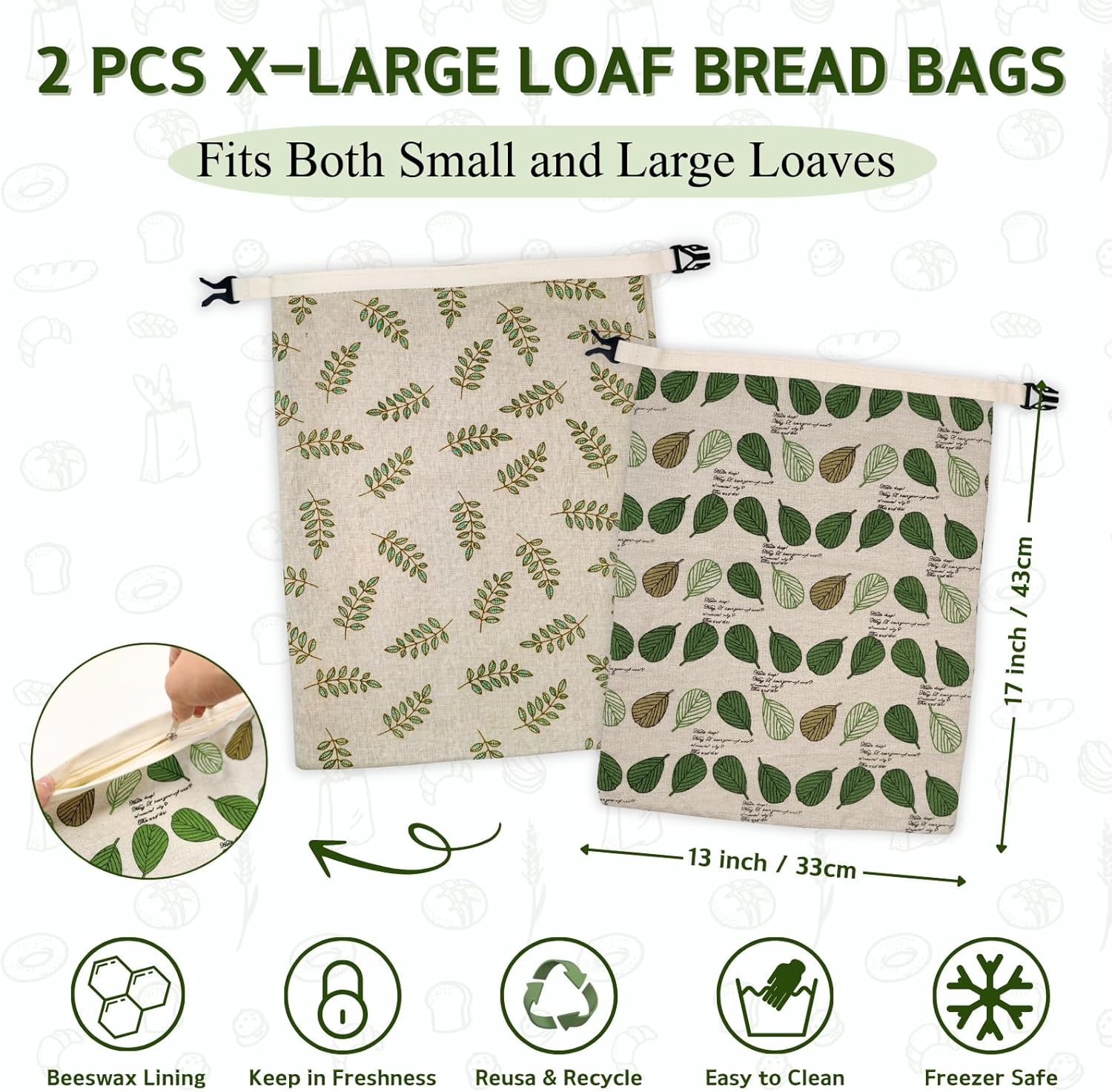 2 Pack Beeswax Bread Bags for Homemade Bread with Zipper, Large 13x17'' Reusable Beeswax Sourdough Bread Storage Bag, Keep Loaves Fresh Longer, Freezer Safe & Airtight, Natural, Zero Waste