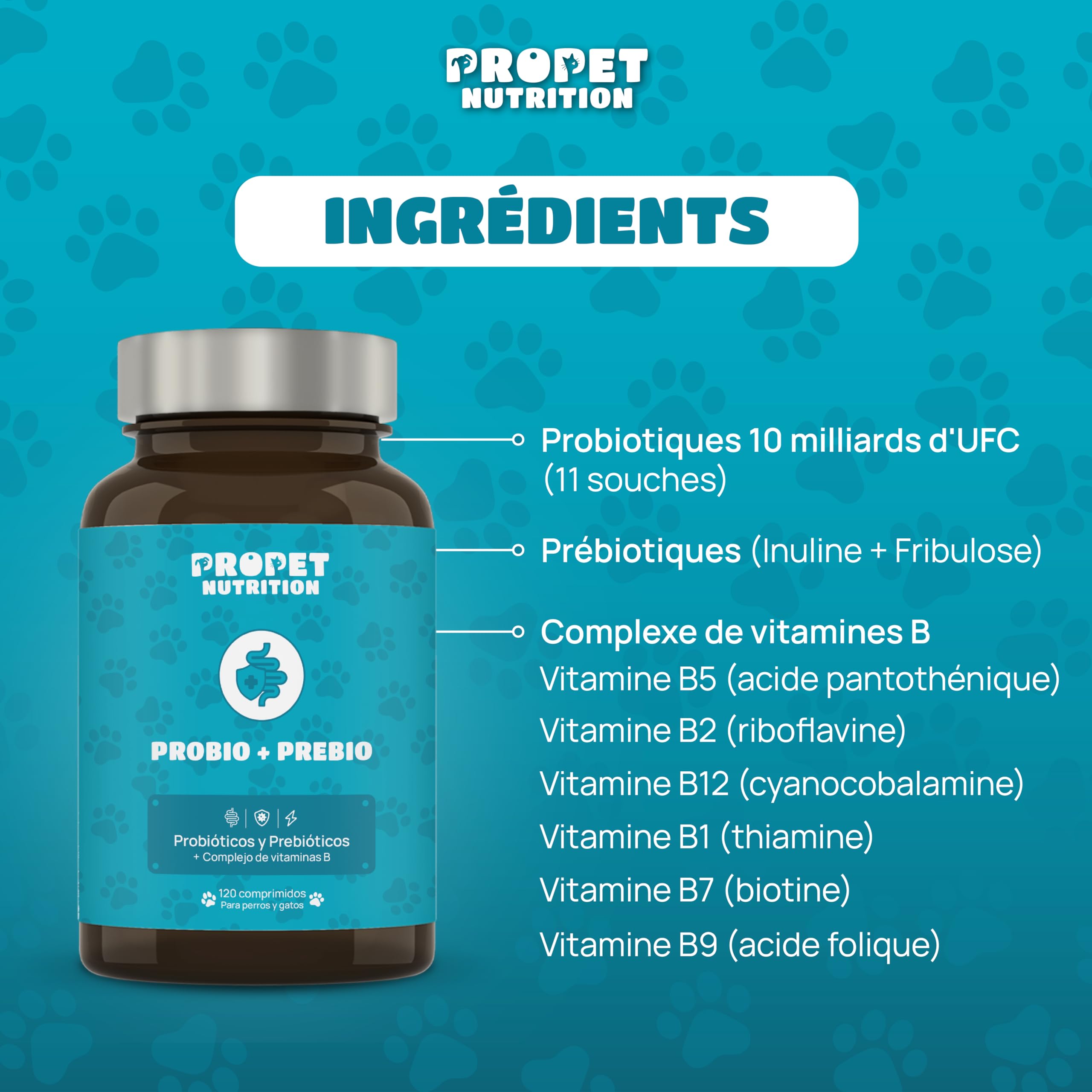Probiotique Chien + Prebiotique + Vitamines. 11 Souches Bio-Actives. 10 Milliards UFC. 120 Comprimés. Probiotique Flore Intestinale Chien. Propet Nutrition