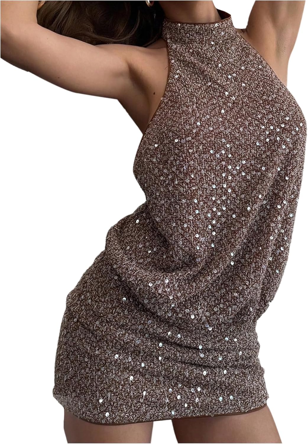 SHENHE Women's Sexy Open Back Sequin Halter Dress Sparkle Party Night Bodycon Mini Dress