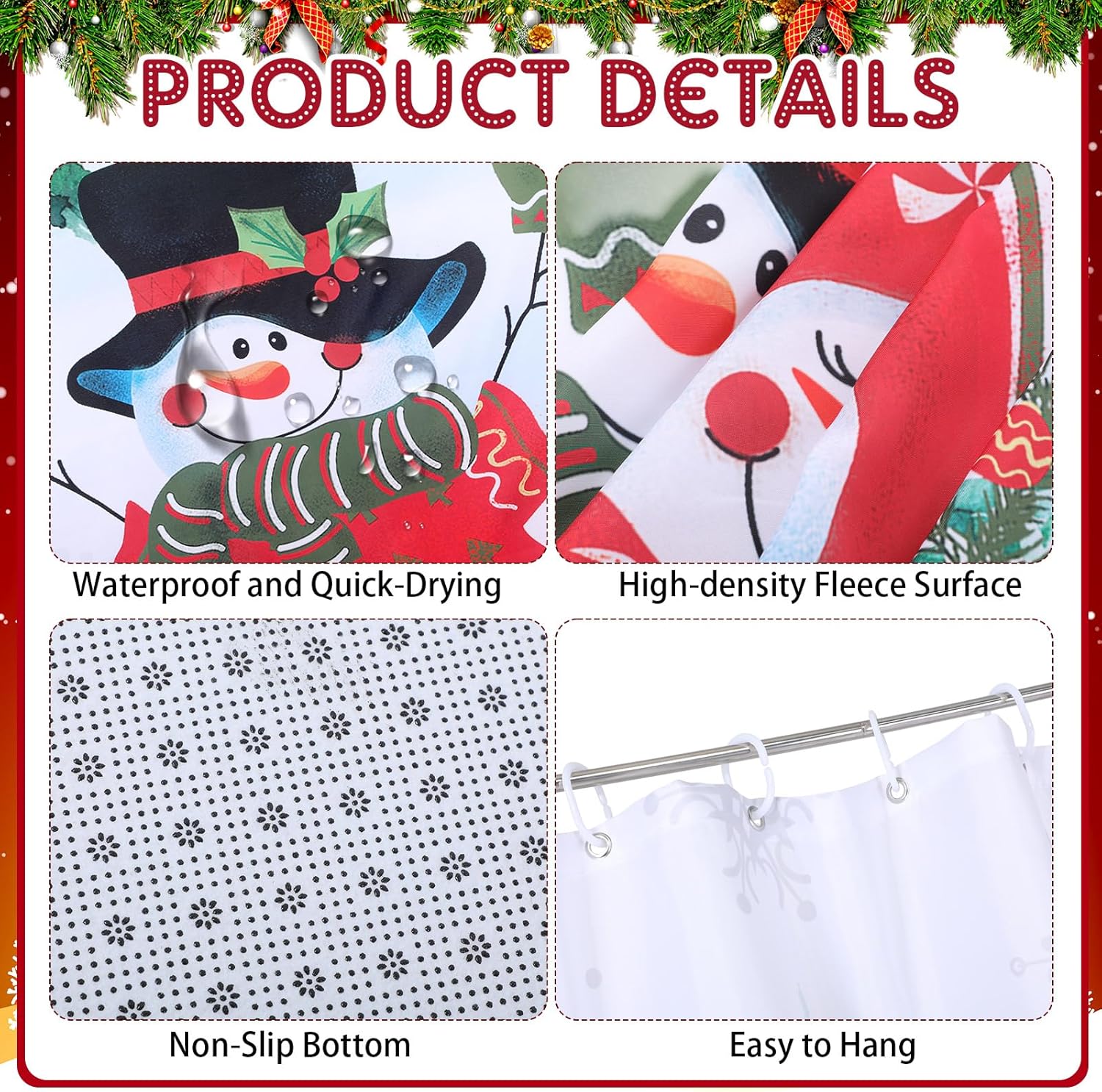 Tiamon 7 Pcs Winter Snowman Shower Curtain Set Merry Christmas Bathroom Sets with 71x72in Snowman Shower Curtain Gnome Non-slip Bath Rug Toilet Mat Toilet Lid Cover 3 Towels for Holiday Bathroom Decor