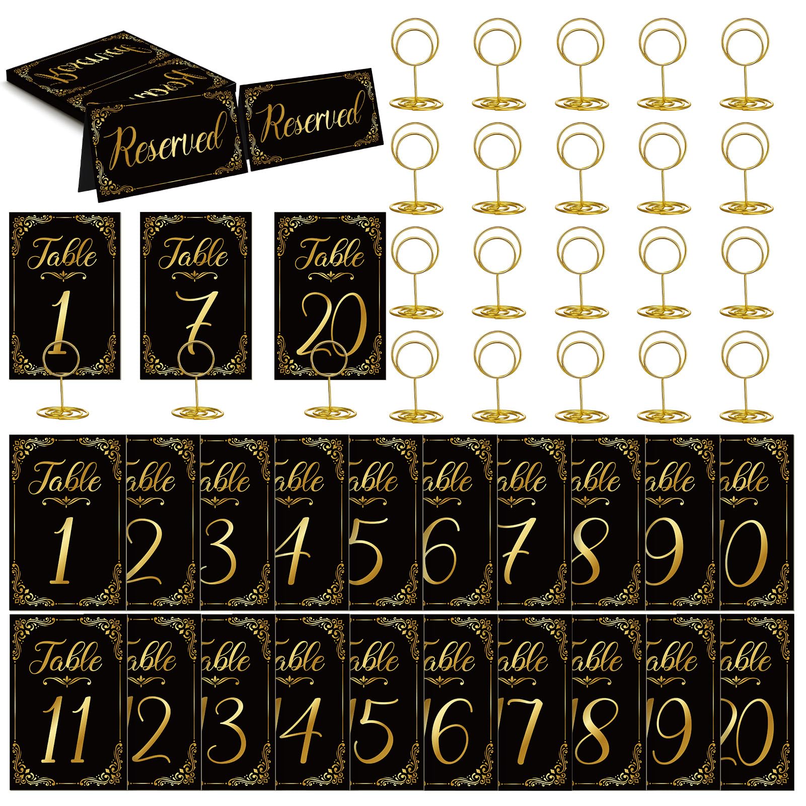 50 juegos de números de mesa de boda con soportes para números de mesa y letrero de mesa reservado, tarjetas de números de mesa dorados para recepciones de boda, aniversario, fiesta de