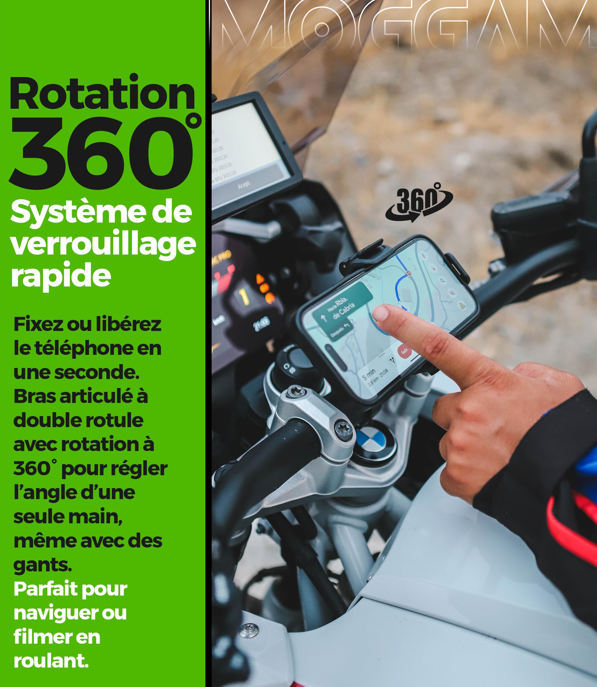Support Telephone Moto Anti Vibration Anti Vol Trail Adventure Touring Fixation Securisee sur Guidon Bras Aluminium CNC 360° Reglable pour Smartphone 5.4-7.2 Pouces Camera Libre Ultra Stable