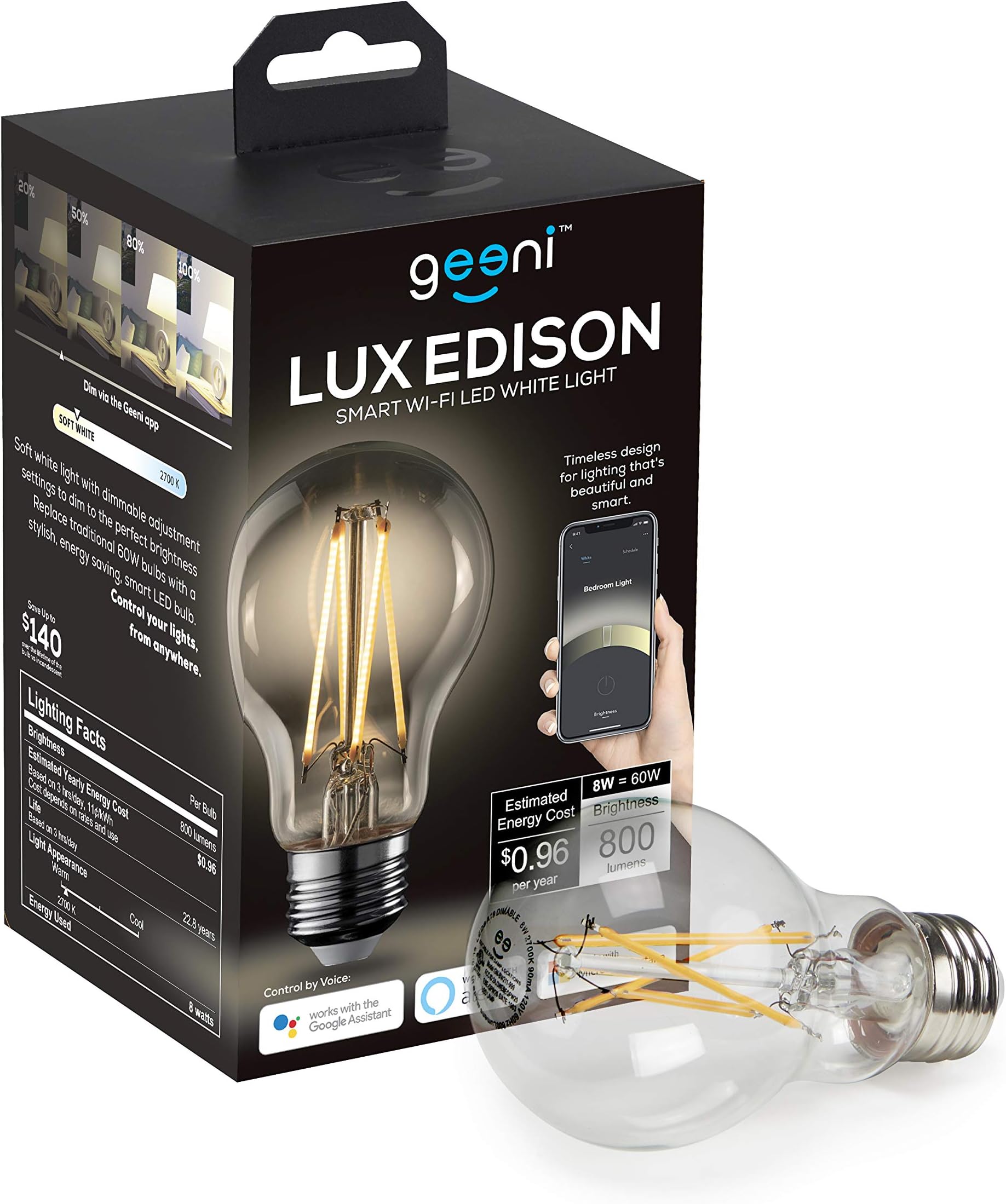Geeni Edison Wi-Fi LED Smart Edison Light Bulb, Soft White (2700K), Dimmable LED Bulb, A19, 60-Watt Equivalent, No Hub Required, Compatible with Amazon Alexa and Google Home