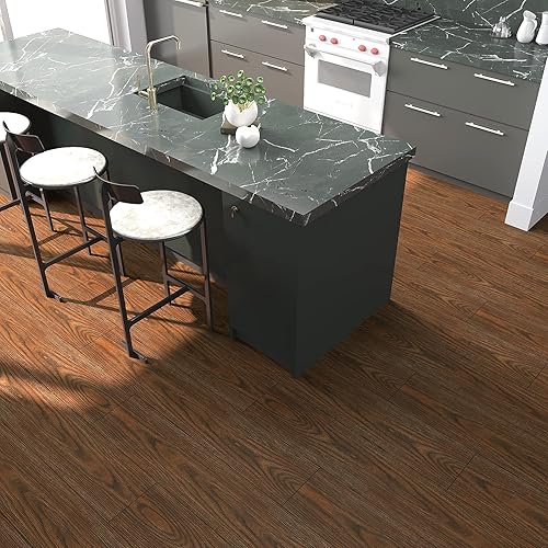 Miniatura 3 de VEELIKE Azulejos de piso de 6 x 36 pulgadas para despegar y pegar para baño, impermeables, de madera de castaño marrón, paquete de 12 tablones de