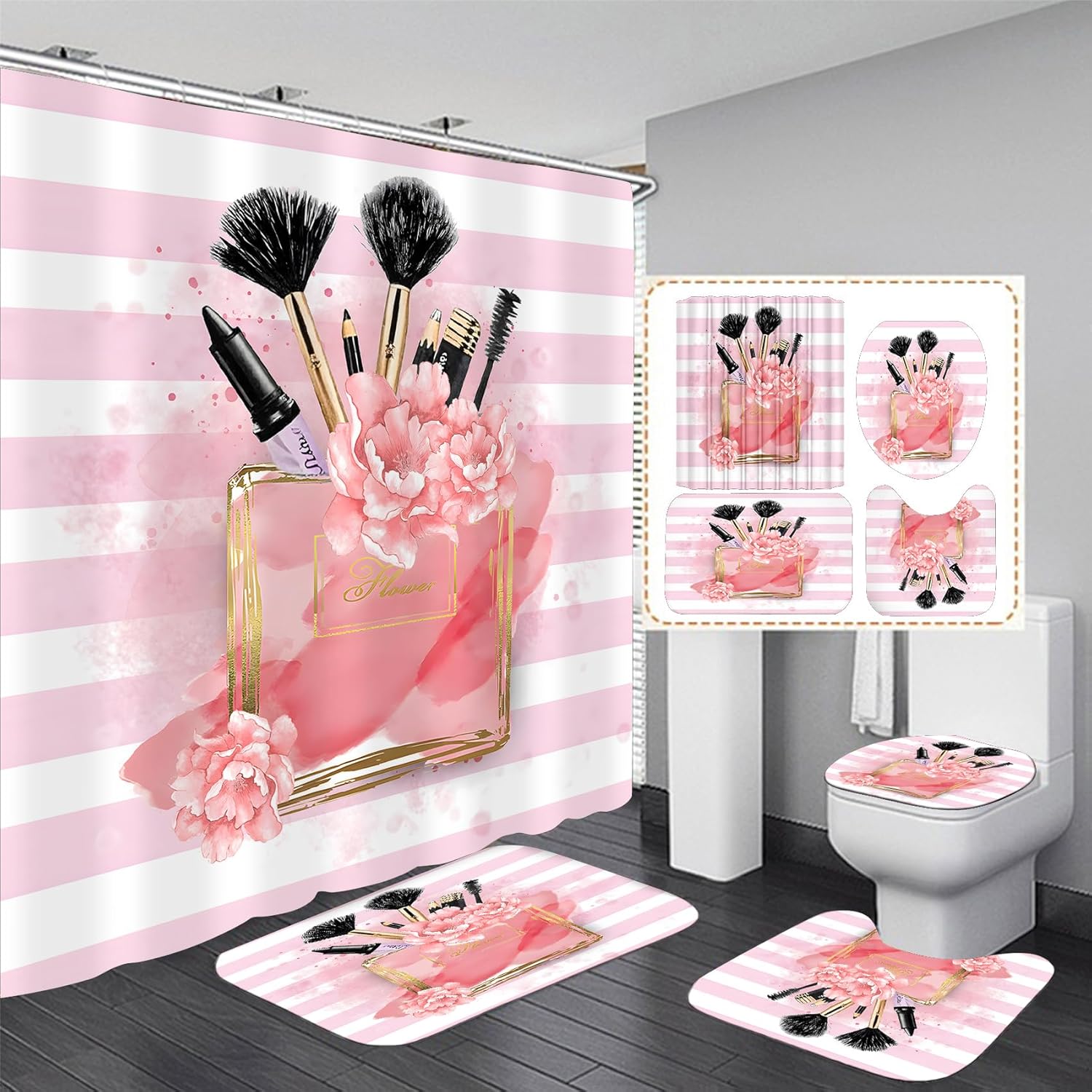 Amazon.com: FZDHHY Pink Shower Curtain Set Bathroom Sets Perfume Bottle ...