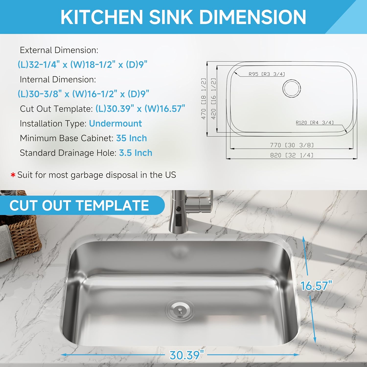 32 Inch Undermount Single Bowl Kitchen Sink, 18 Gauge 304 Stainless Steel Curved Shape Commercial Grade Satin Finish Kitchen Sinks, Strainer Included, 32" x 18" x 9"