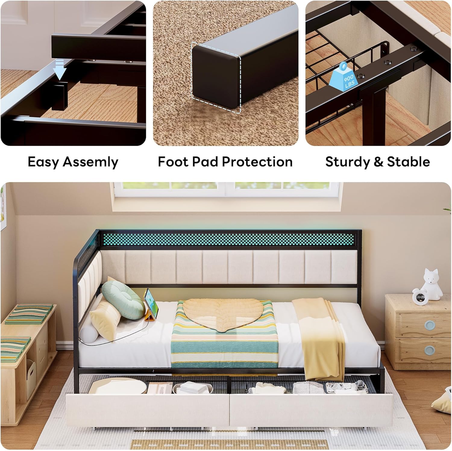 Diagram showing easy assembly steps and sturdy construction