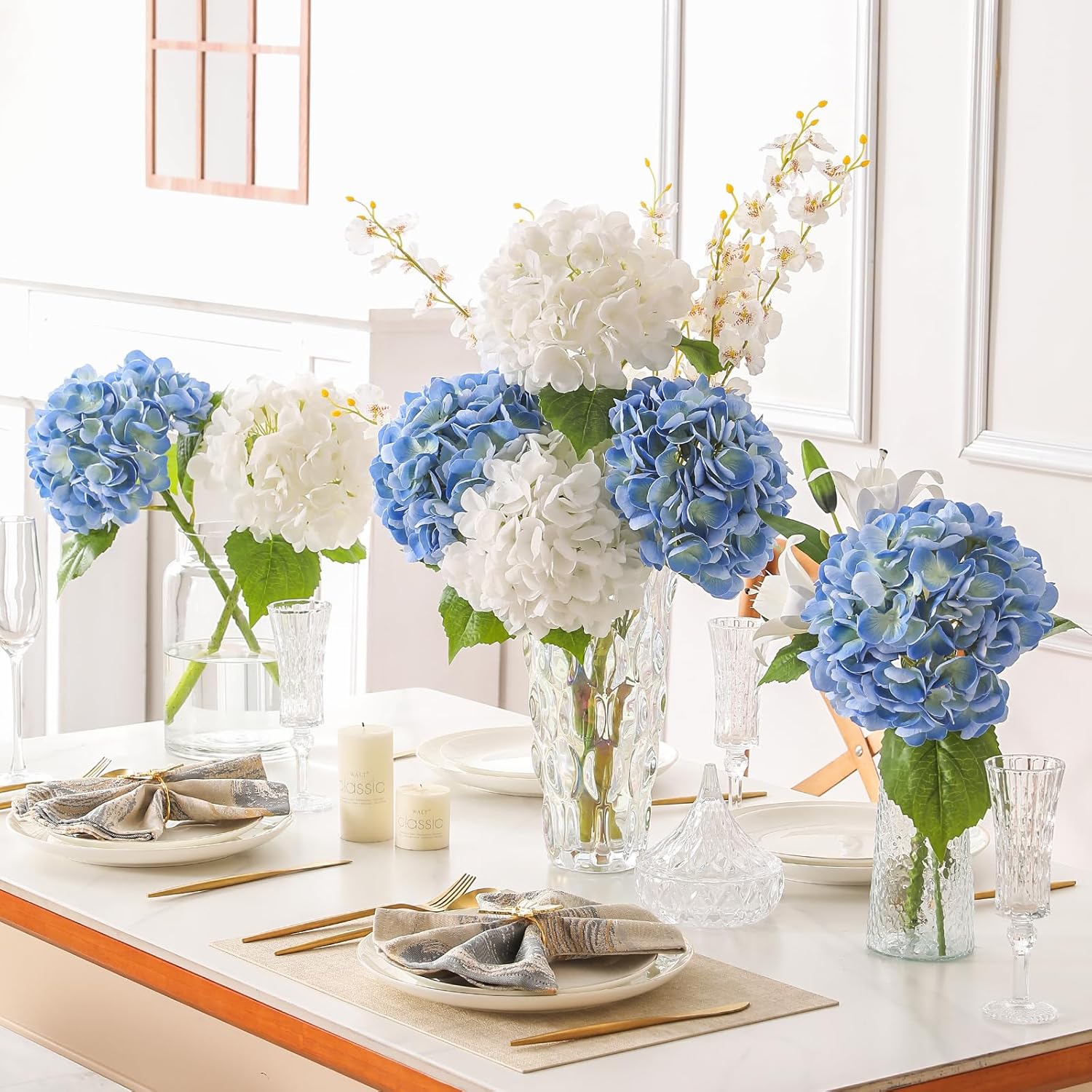 3Pcs Hydrangea Artificial Flowers, 22.44" Real Touch Latex Faux Hydrangea with Long Stems & Leaves for Home Office Decor or Wedding, Party, Centerpieces, Floral Arrangements (Blue) - Image 6