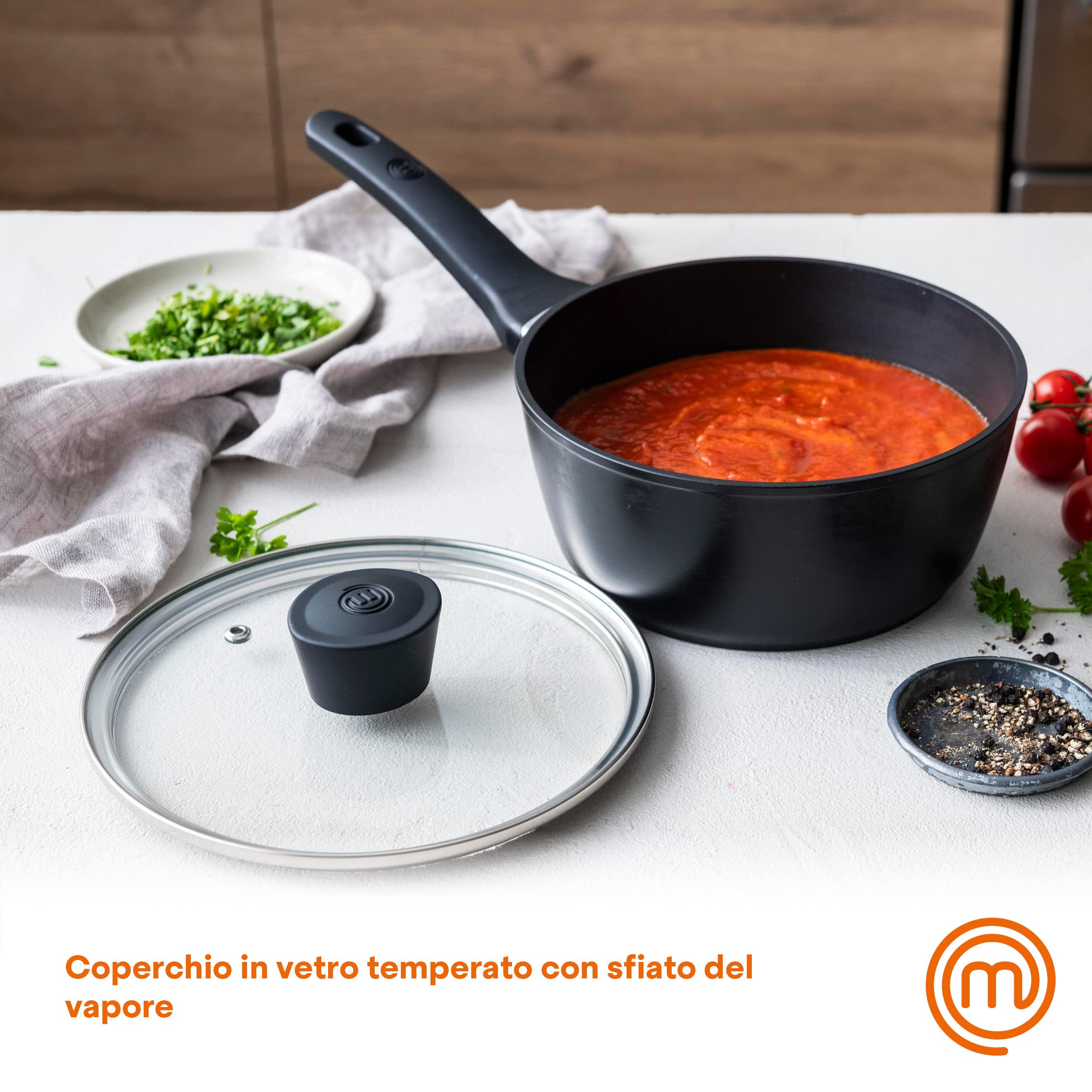 MasterChef Rondel, Powłoka nieprzywierająca, Ergonomiczne uchwyty, W tym Szklana pokrywa, Odpowiedni do wszystkich kuchenek, w tym indukcyjnych, 18cm