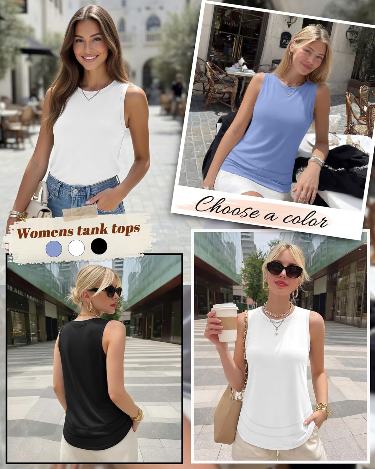 Ficerd 3 Pack Women's Tank Tops Sleeveless Crew Neck Summer T-Shirts Side Curved Hem Loose Casual Blouses