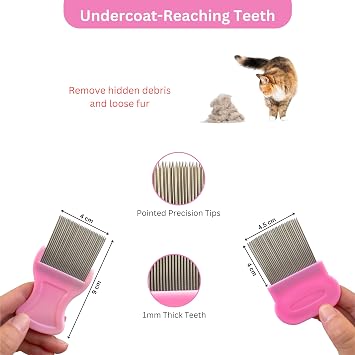 Flea Comb 7 Pieces Set for Cats and Dogs to Kill Fleas and Eggs, Kitten Comb Stainless Steel Lice and Tick Combs for Cats (Pink Colour) (Flea Comb)