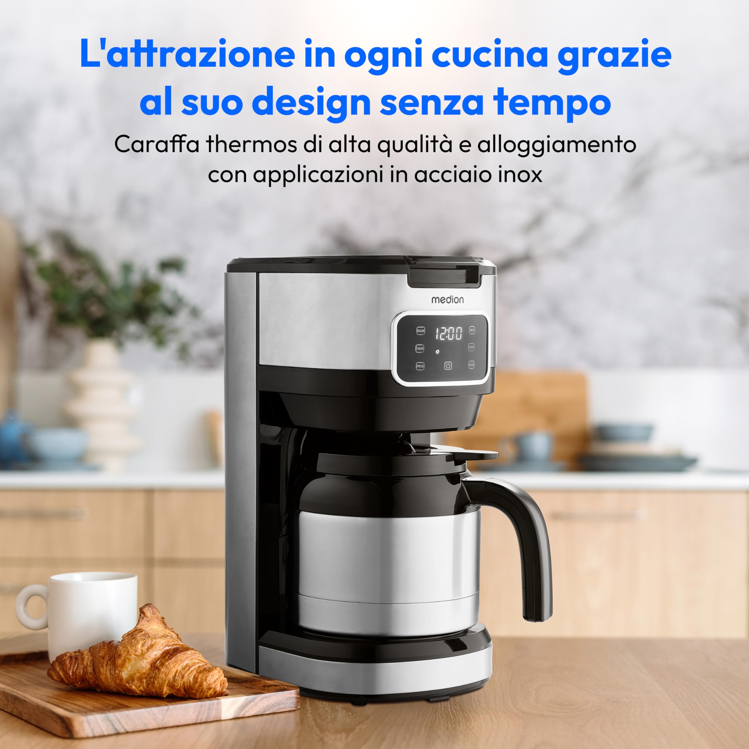 MEDION Caffettiera con caraffa thermos e timer (caffettiera a filtro, 10 tazze, 1,25 litri, 900 watt, timer, antigoccia, display, MD11019) acciaio inox