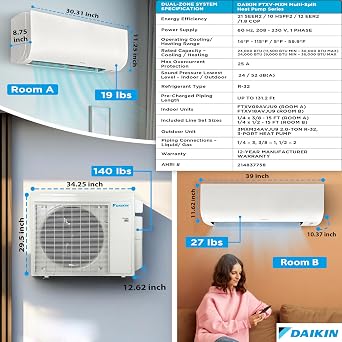 Daikin 24,000 BTU (9K + 18K) 21SEER2 Dual Zone Mini Split Air Conditioner Heat Pump R-32 System with Maxwell 15 ft. Installation Kit and Wall Mounting Bracket