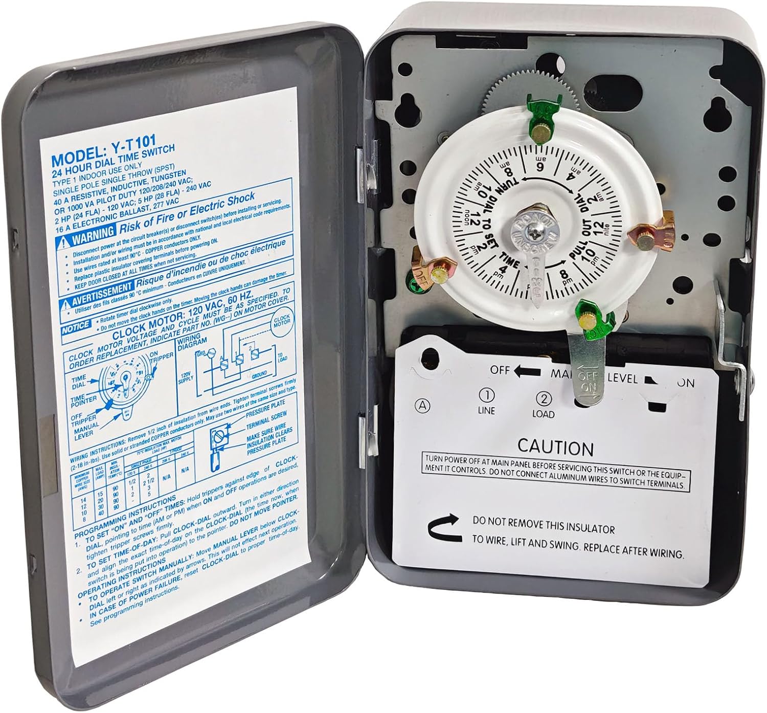 T101 24-Hour Mechanical Time Switch Pool Pump Timer with Metal Enclosure, 120V, 40A, 60Hz, SPST, 12 ON/Off Operations, Manual Override Pool Timer for Pumps, Lights, Fans, and HVAC Systems