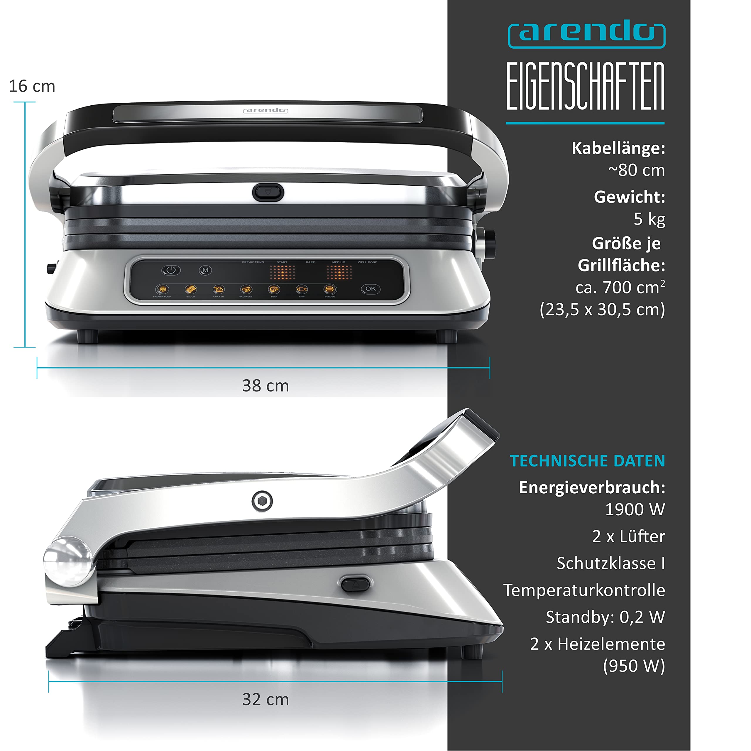 Arendo - Parrilla de contacto - Parrilla eléctrica con control digital de 1900 W - Parrilla de mesa eléctrica Sandwichera - 7 programas - Acero inoxidable antiadherente - Placas extraíbles - GS