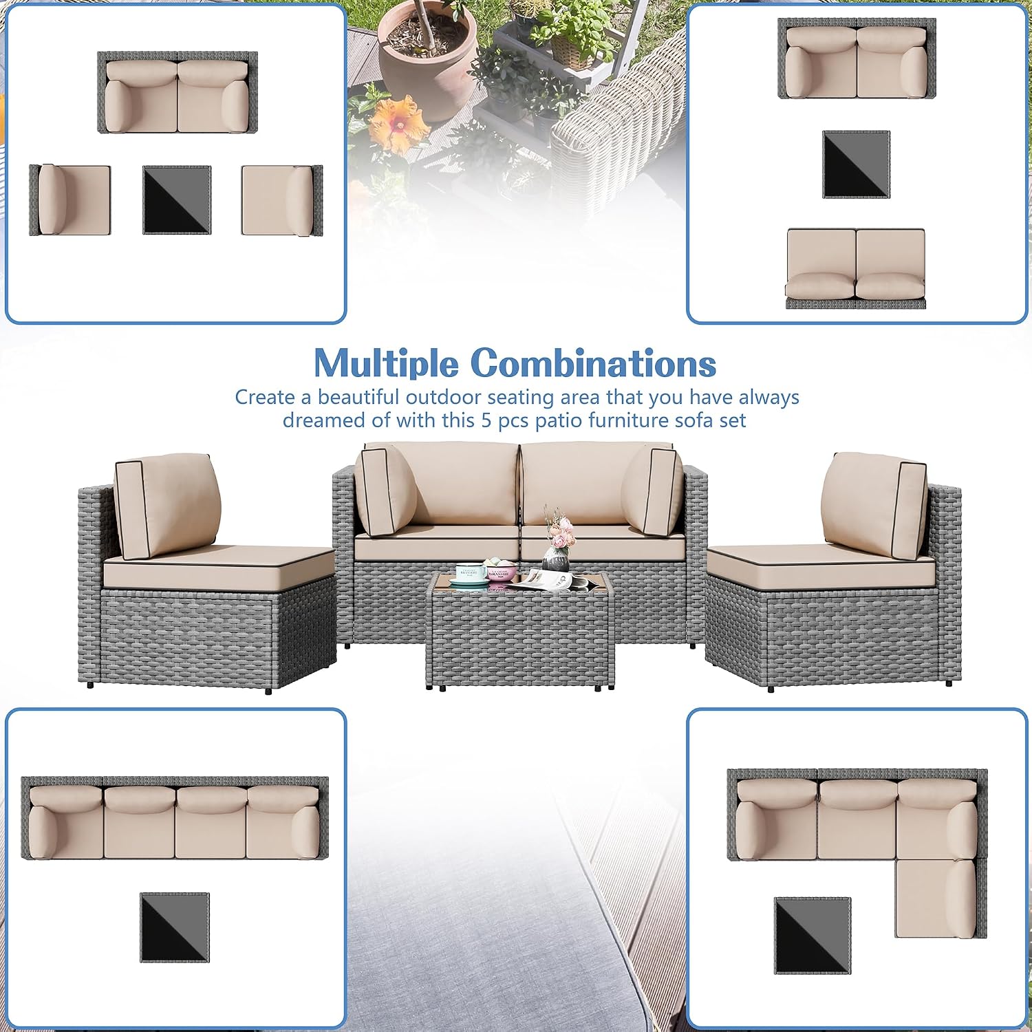 Shintenchi 5 Pieces Outdoor Patio Furniture Sets, Patio Sectional Sofa Couch, Gray PE Wicker Furniture Modular Patio Conversation Sets Patio Sofa with Washable Cushions & Table（Khaki）