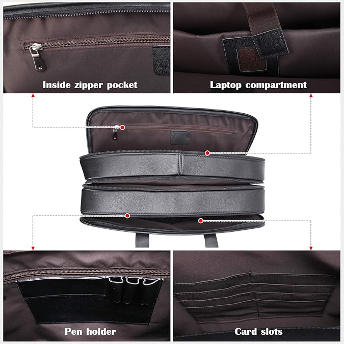 Men's Full Grain Leather Briefcase Large 17 Inch Business Travel Laptop Messenger Bag Tote with YKK Metal Zippers
