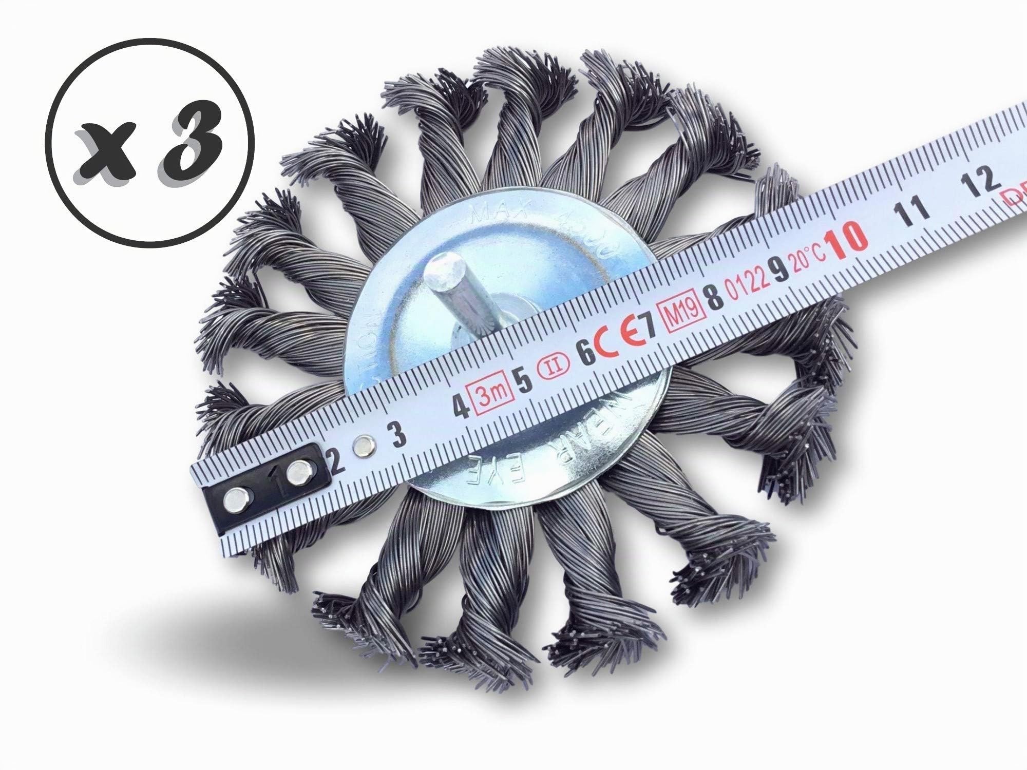 Lot de 3 brosses circulaires métallique plates à mèches torsadées pour perceuse | Ø 100 mm | Fil acier torsadé 0.40 mm (dur) | Sur tige Ø 6 mm | Ponçage décapage rouille peinture | Kibros 26100TO8x3