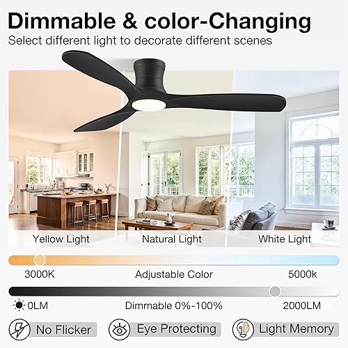 Miniatura 6 de Ventilador de techo inteligente de madera de 52" de bajo perfil con luces y control remoto, motor CC silencioso, ventiladores de techo empotrados