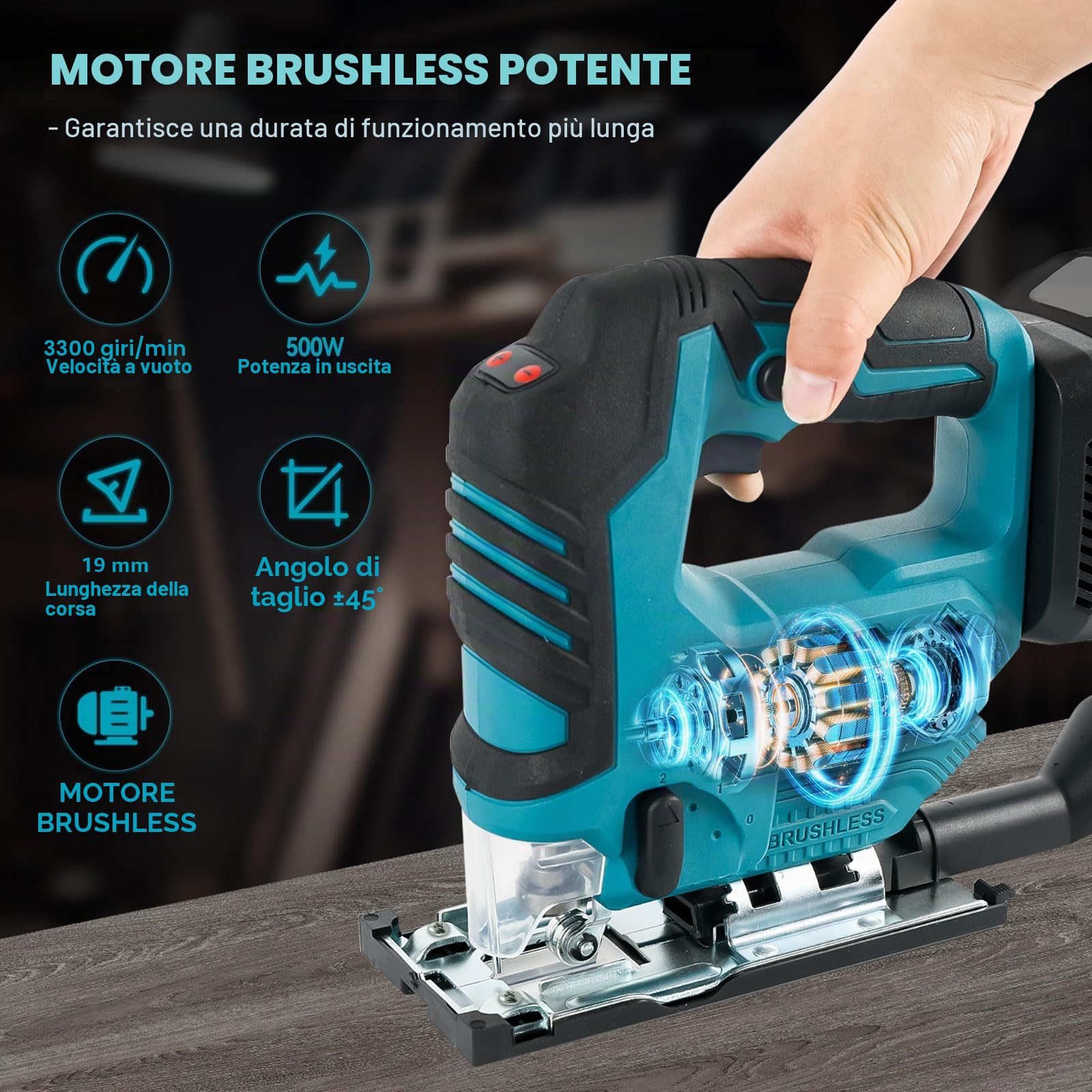 Seghetto alternativo senza fili, compatibile con batteria Makita 18 V, 500 W, utensile da taglio senza spazzole, 3300 giri/min, tagli smussati di 45° con lame per seghetto alternativo per taglio