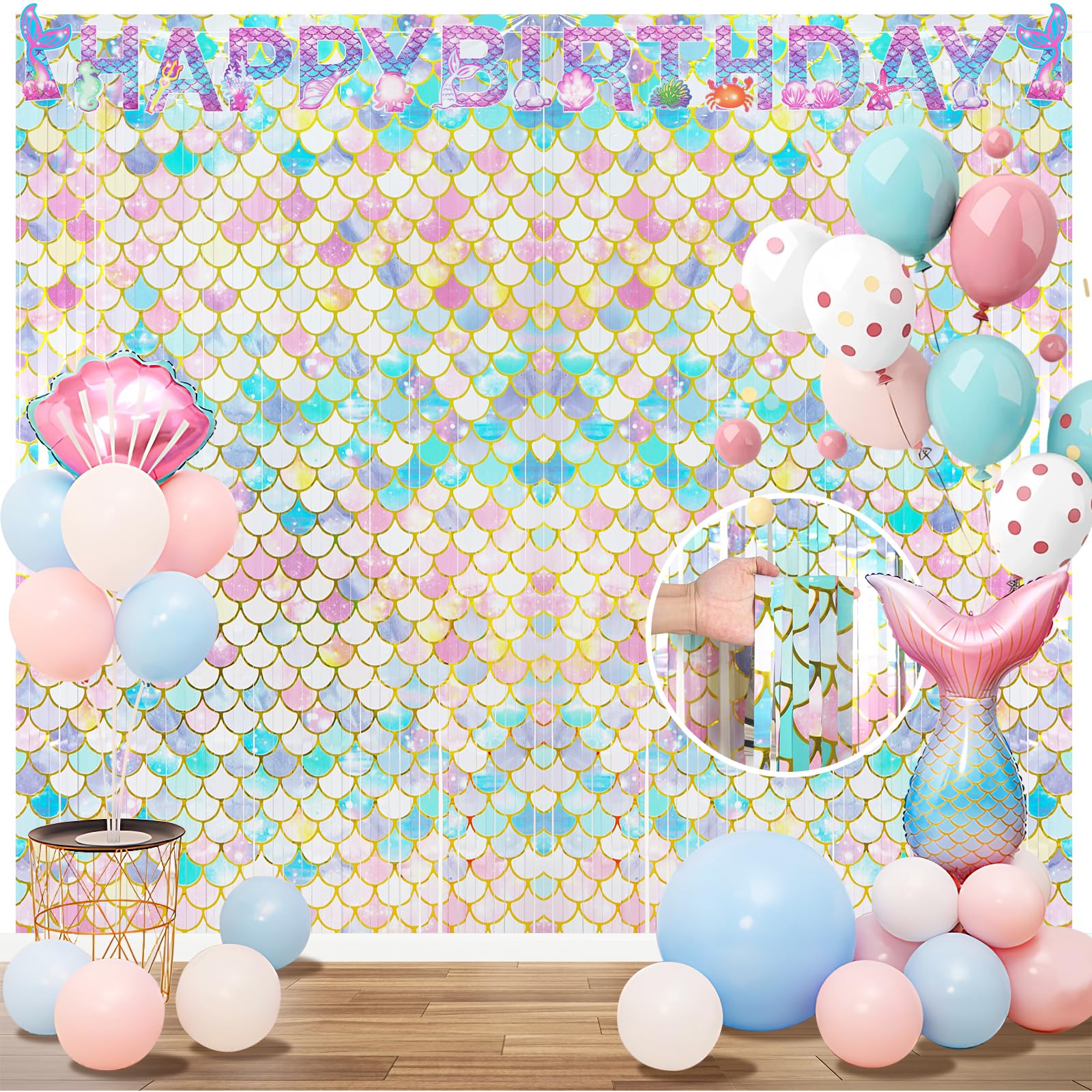 We1stdsee Mermaid Birthday Party Decoration Supplies Includes 1 Birthday Banner + 2 Tinsel Foil Fringe Curtains, Photo Booth Prop Backdrop for Kids Girls Mermaid Birthday Party Decorations