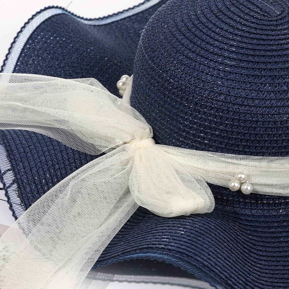 Sombrero de Paja Transpirable de ala Ancha con Volantes,Sombrero de Verano para Mujer con Protección UV,Tejido de Paja y Lazo de Tul Perlado,Sombrero de Playa para Vacaciones,Viajes y Actividades Al