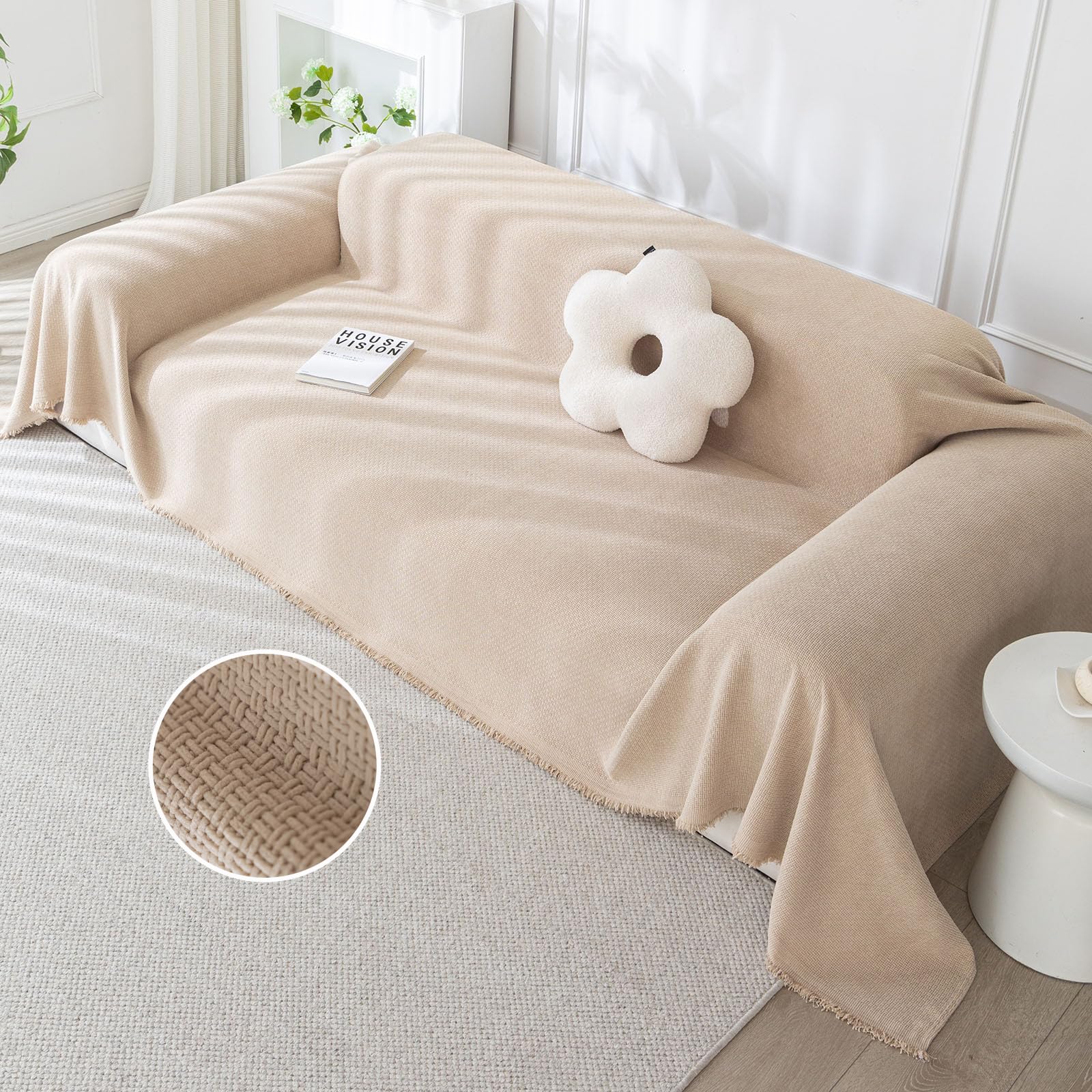DREAMINGO Minimalism Jacquard Couch Cover Khaki Sofa Covers for Dogs Geometric Couch Cover for 3 Cushion Couch Sofa Chenille Throw Sofa Slipcover Sectional Couch Protector Washable, 71"x134" — image 1