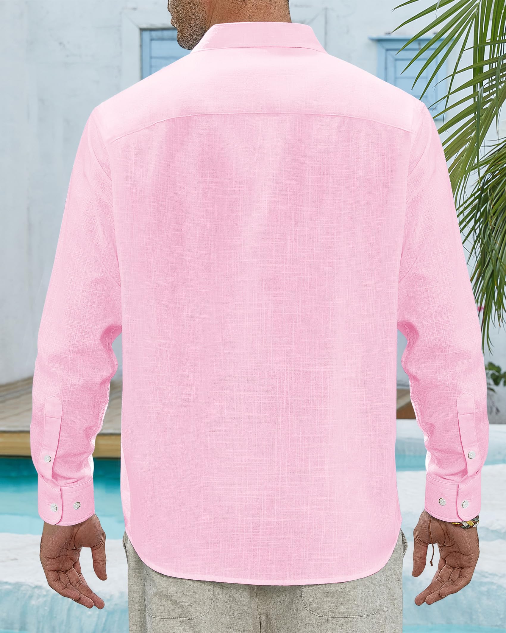 J.VER Chemise boutonnée en lin et coton pour homme - Légère et décontractée - Pour mariage - Haut d'été à manches longues avec poche