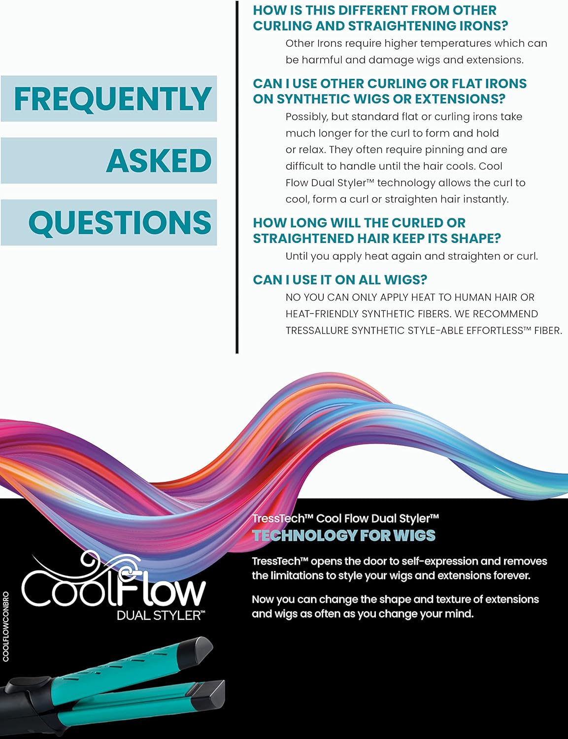 TressTech Cool Flow Dual Styler 2-in-1 Curling & Straightening Iron, Curls or Straightens Human Hair, Heat Friendly Wigs or Extensions, Patented Cooling Technology Adjustable Temp