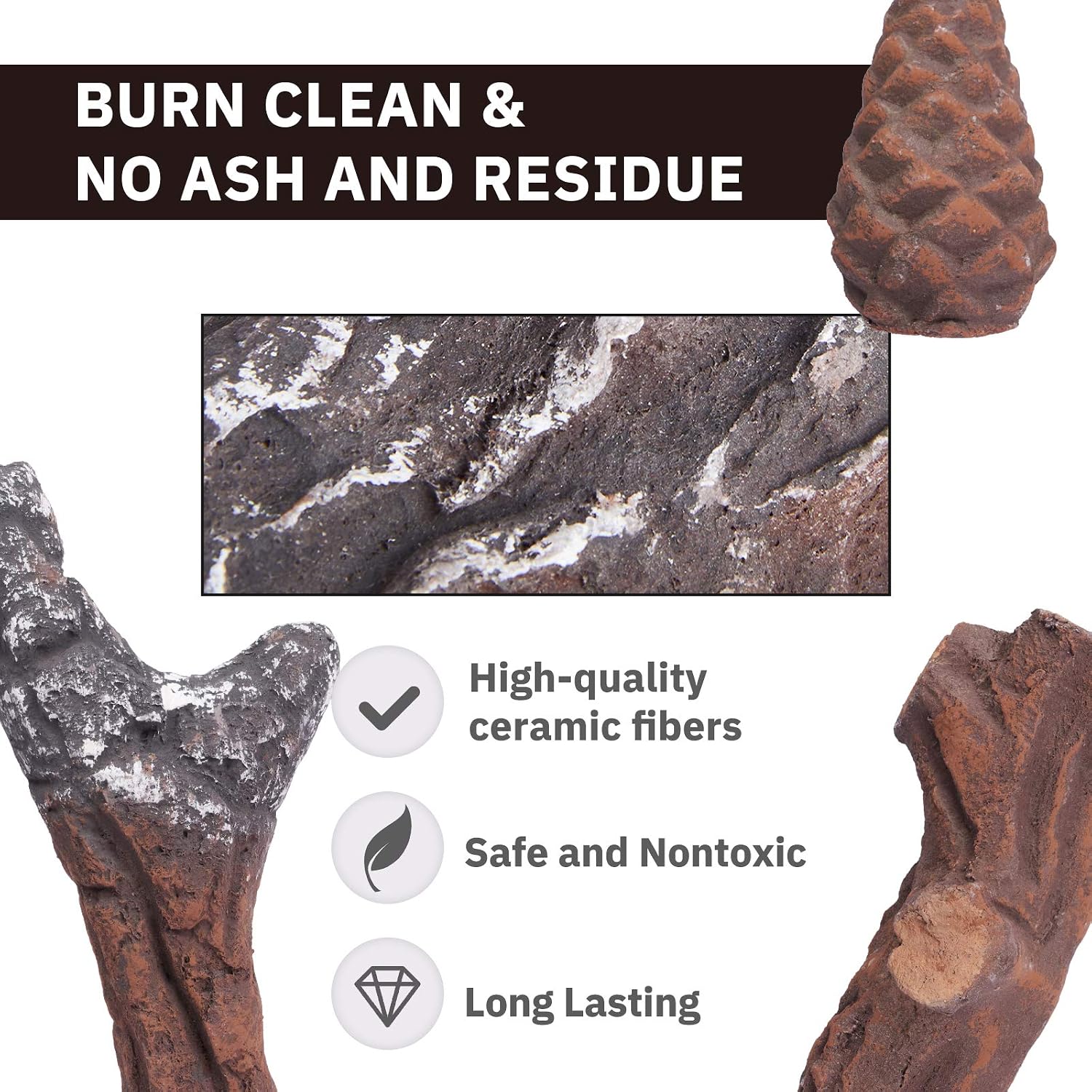 GASPRO Ceramic Logs for Propane Fire Pit or Gas Fireplace, Small Fake Wood Logs Set, 10-Piece