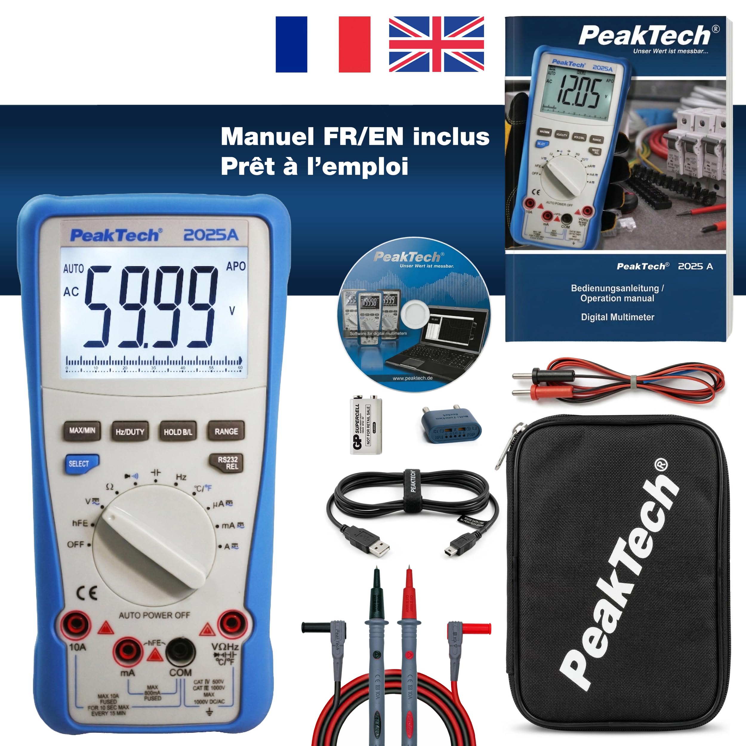 PeakTech® 2025 A Multimètre numérique True RMS ~ 6.000 points ~ 1000V AC/DC ~ 10A AC/DC ~ Auto-Range