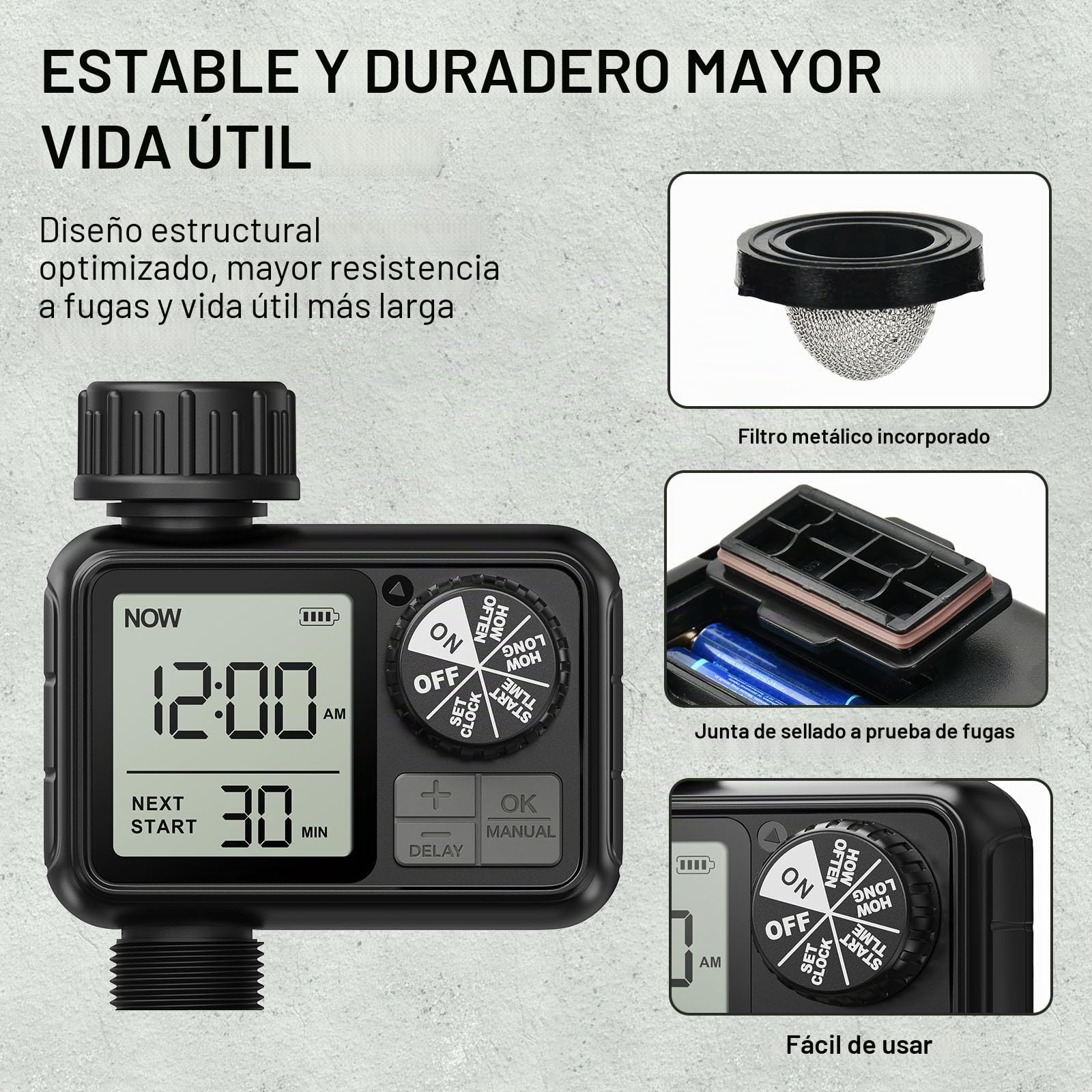 Ordenador de riego, Reloj de riego con retardo de Lluvia/Modo automático y Manual, IPX5 Resistente al Agua/Pantalla Grande Pantalla LCD Temporizador de Agua para jardín césped (1 Salidas)