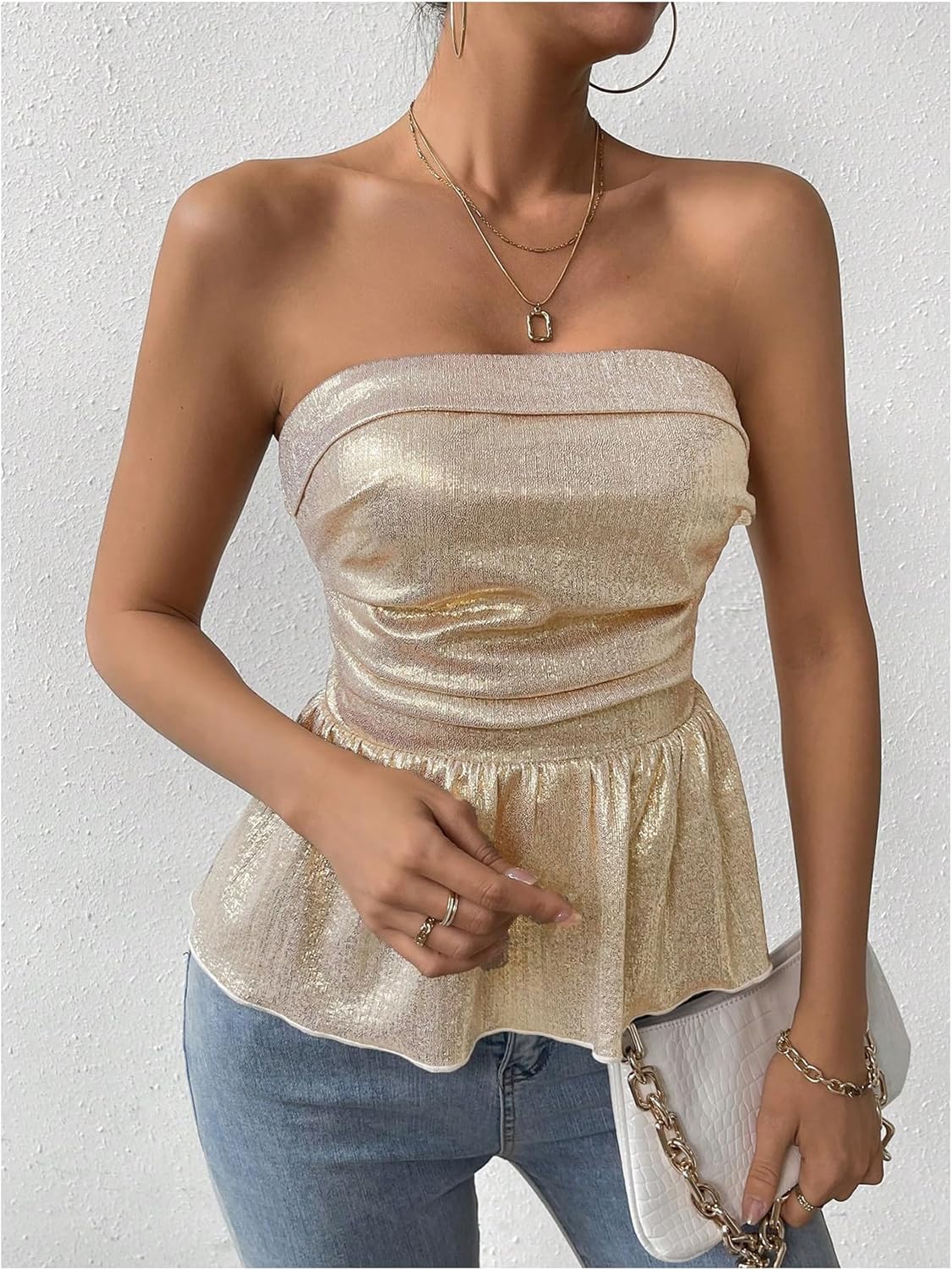 MakeMeChic Women's Metallic Strapless Tube Top Sleeveless Ruched Ruffle Hem Blouse Tops - Image 4