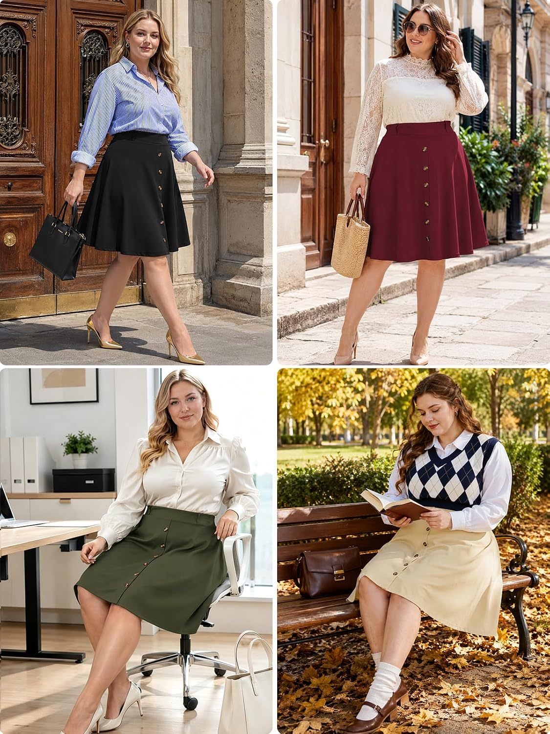 Moon Wood Women Plus Size Midi Skirt Vintage High Waist A-line Casual Skirts with Pockets