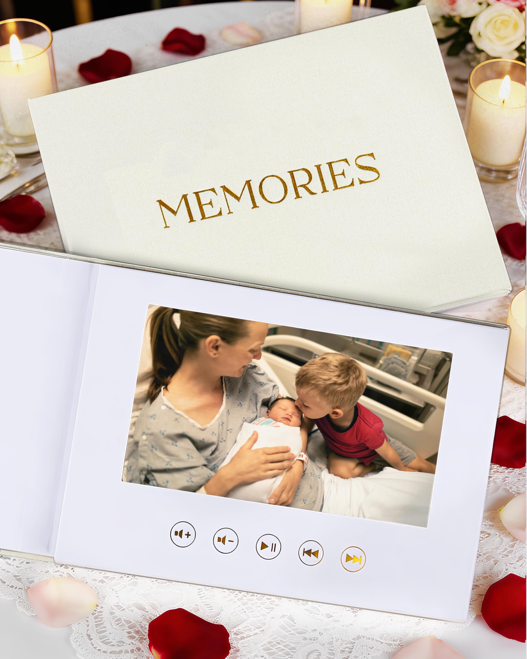 OLEEK Digitales Erinnerungsbuch (16 GB) - Hochzeitsbuch mit 17,8 cm IPS-HD-Display - Hochzeitsvideobuch - Hochzeitsalbum Buch - Baby-Erinnerungsbuch - Jubiläumsgeschenke - Hochzeitsgeschenk