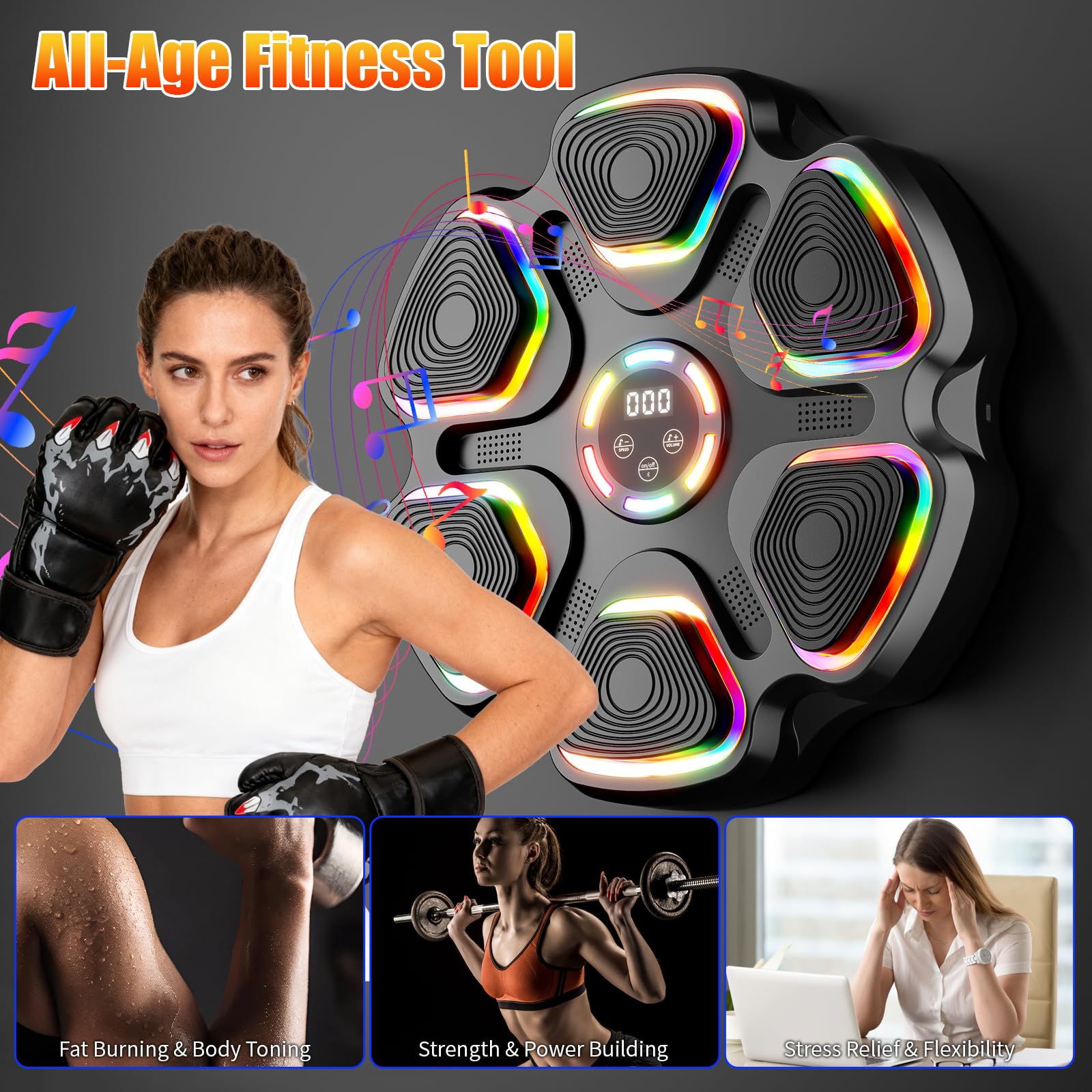 Máquina de boxeo musical con guantes de boxeo, máquina de montaje en pared para niños y adultos, equipo inteligente de gimnasio de boxeo Bluetooth, equipo de entrenamiento de boxeo para el hogar
