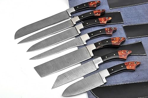 Juego de 7 cuchillos de cocina de acero Damasco, hoja de acero de Damasco forjada a mano, 7 cuchillos incluyen rebanar, picar, pan, nikiri,