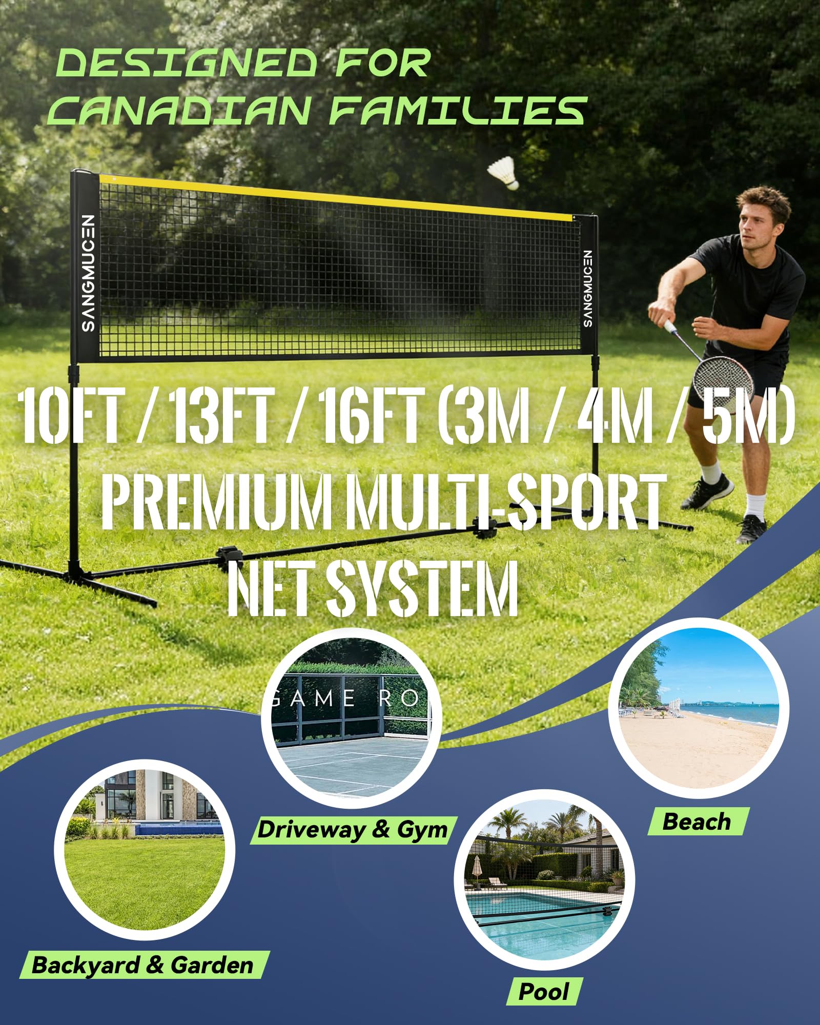 SANGMUCEN 4m Badminton Netz, Volleyballnetz Garten, höhenverstellbare Stangen, tragbares Set, leicht auf- und abbaubar Ideales Sportnetz für Tennis, Badminton oder Volleyball Schwarz und Gelb TBN004Y