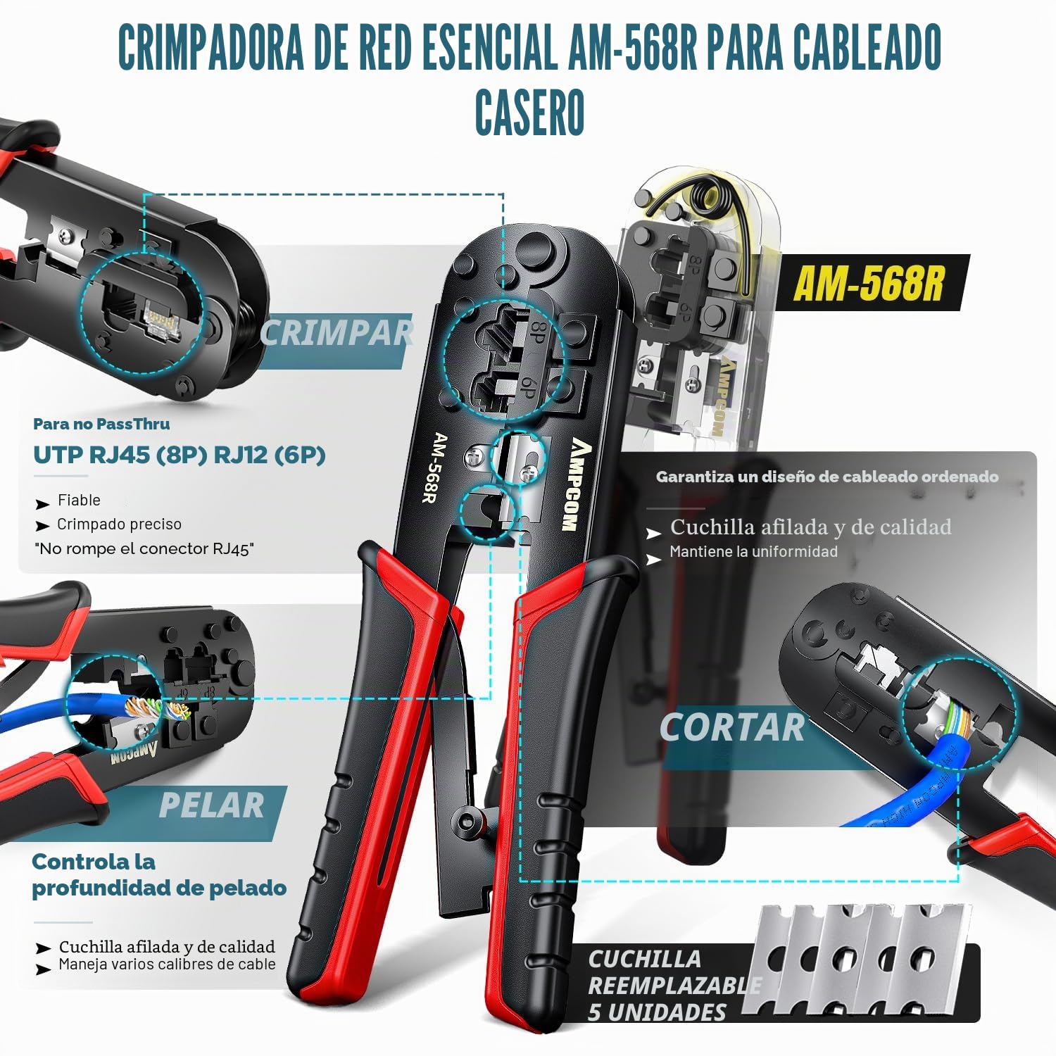 AMP COM 7 en 1 Kit de herramientas RJ45/RJ11 para conectores Cat6/Cat5e/Cat5 y pelacables de perforación 110 en bolsa impermeable
