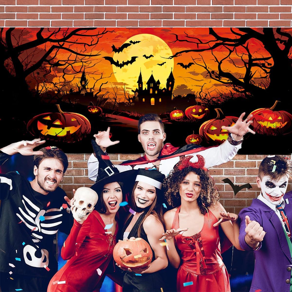 7x16FT Halloween Garage Door Decoration Banner, Scary Castle Theme Large Garage Door Cover, Orange Full Moon Twisted Branches and Evil Pumpkin Backdrop for Halloween Party Decorative Supplies