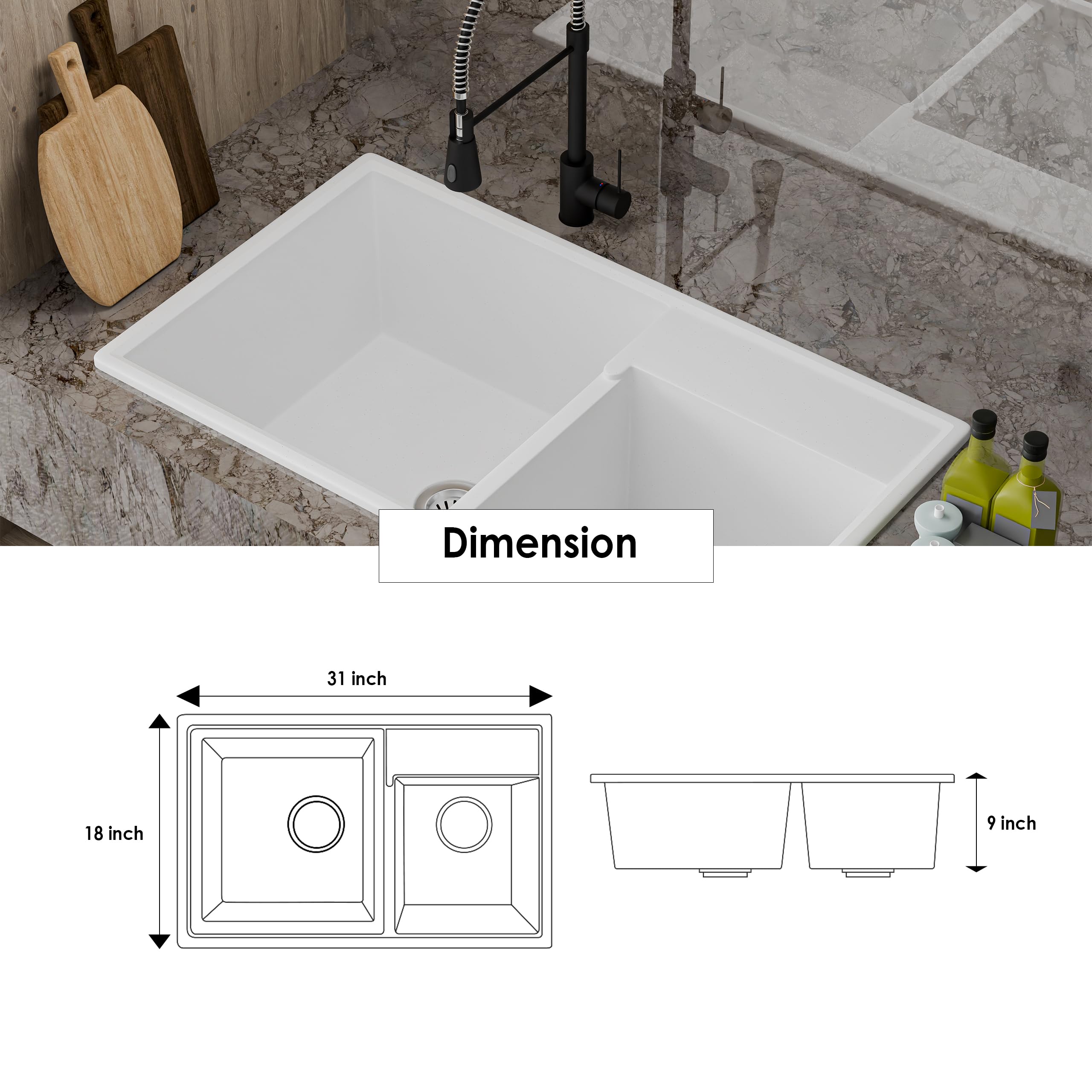 HISRE Quartz Kitchen Sink | 31x18x9 Inches Double Bowl Quartz Sink for Kitchen | UV Protected Sound Dampening Scratch Resistant Noise Reducing Durable and Easy to Clean | White, photo 5 of 5