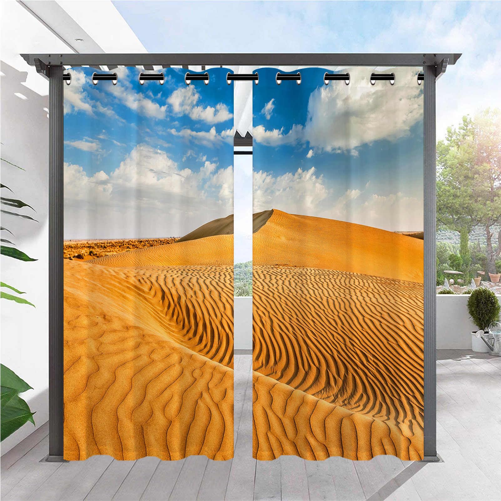 ANHOPE Outdoor Curtains Waterproof Eyelet Ring Top Drapes Nature Scenery Yellow Sand Desert Print Pattern Privacy Outside Curtains for Garden Patio Gazebo Pergola 2 Panels W 36" x L 84"